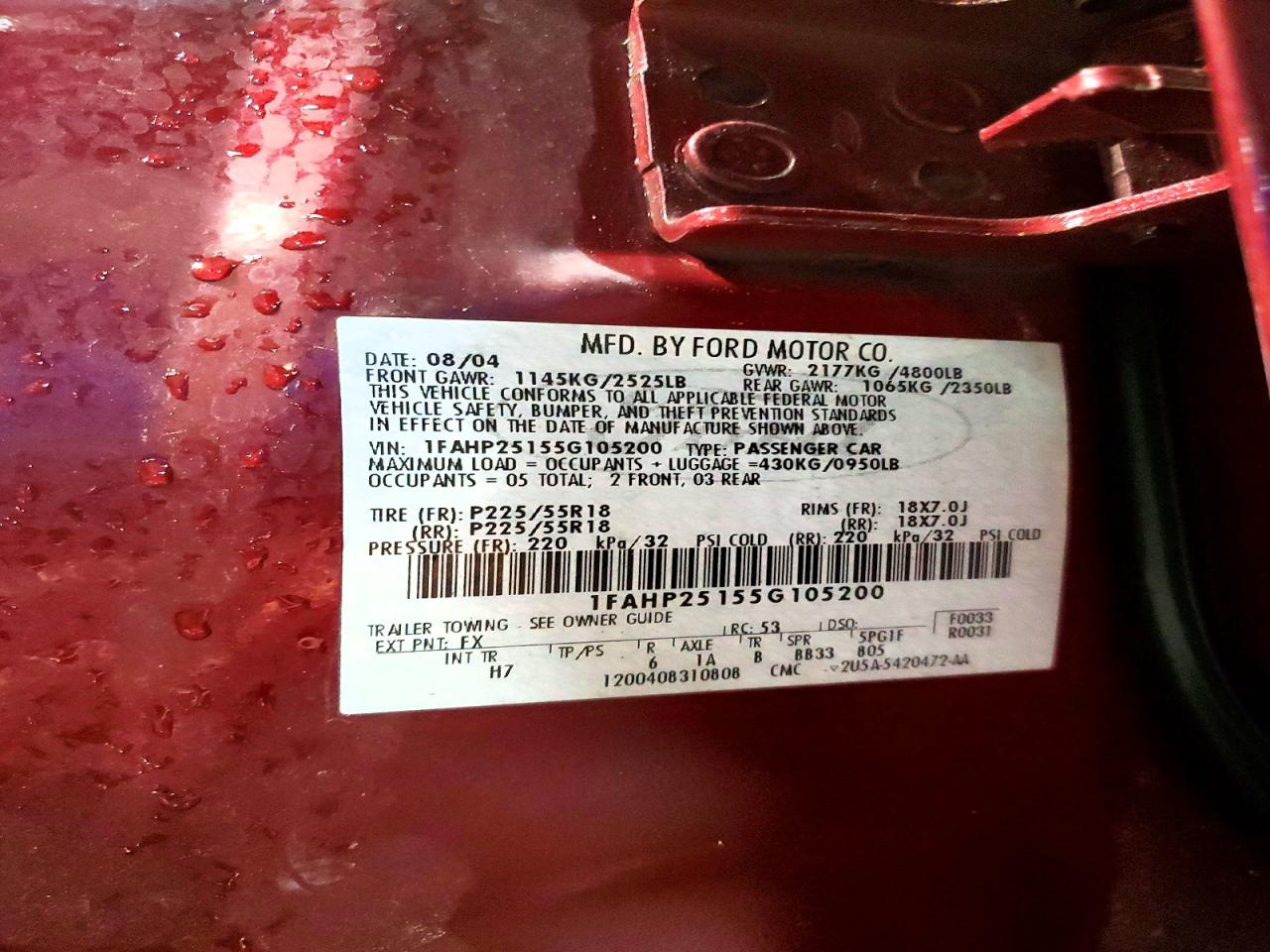 2005 Ford Five Hundred Limited Maroon vin: 1FAHP25155G105200