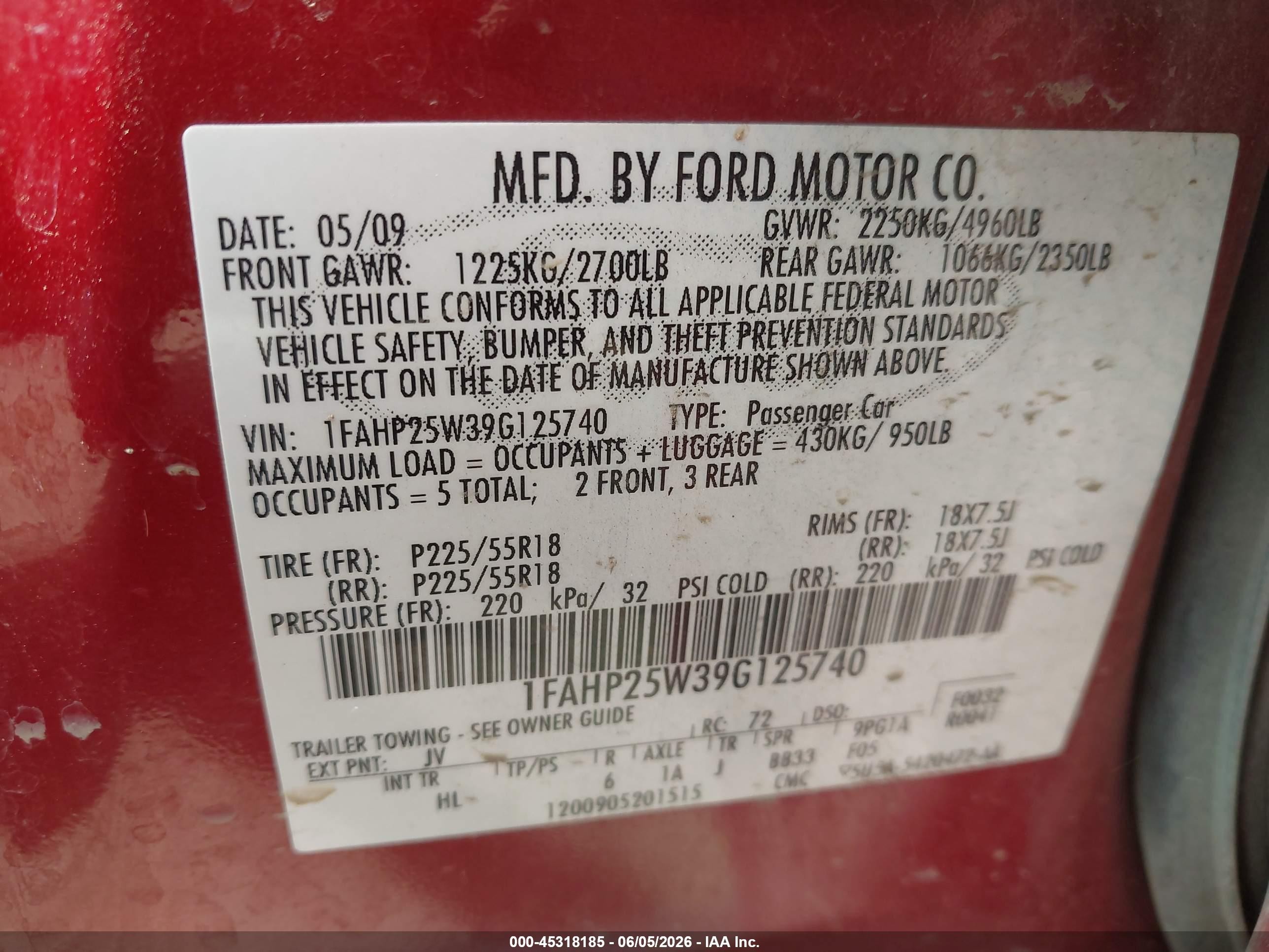 2009 Ford Taurus Limited Red vin: 1FAHP25W39G125740