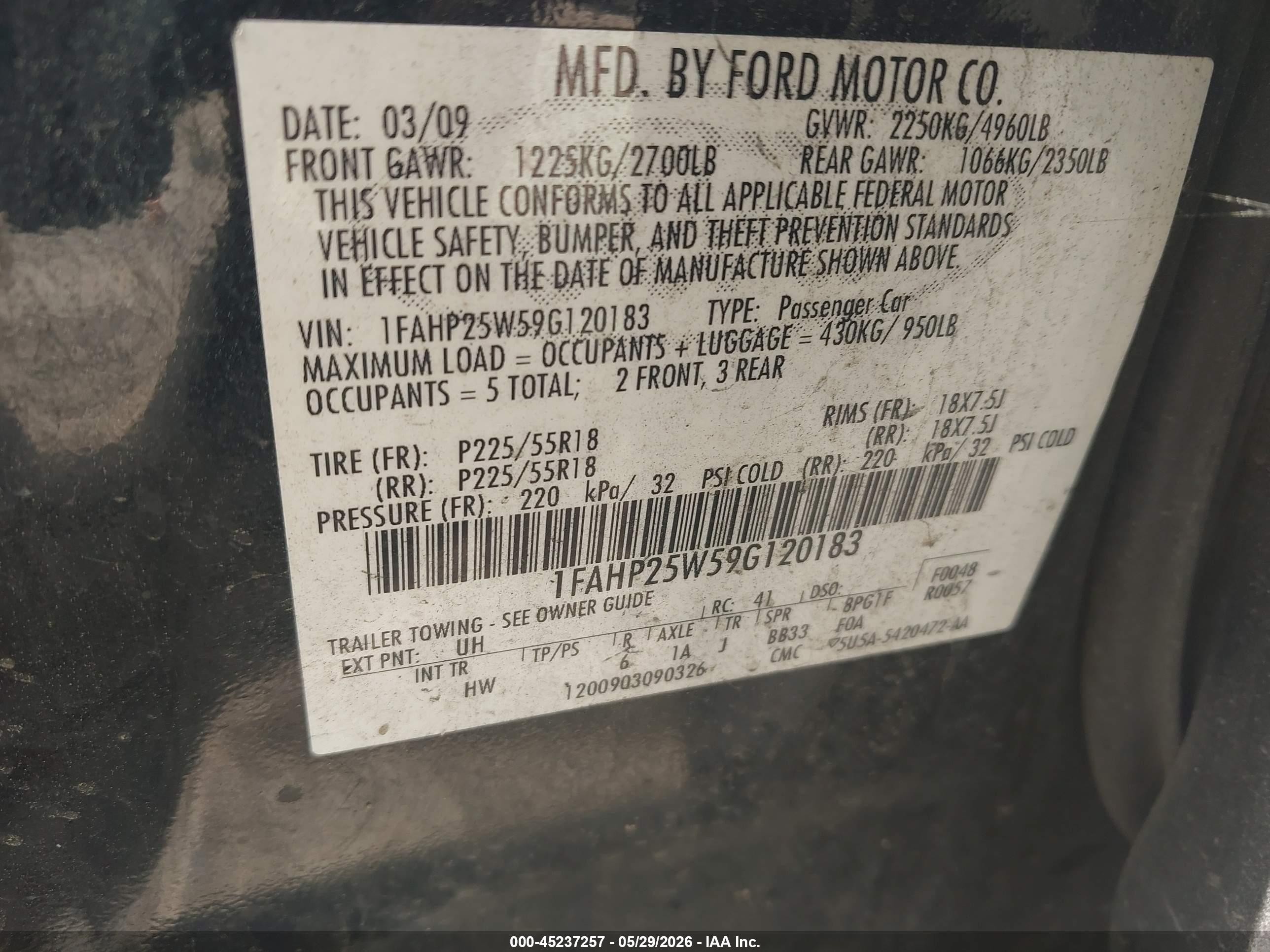 2009 Ford Taurus Limited Black vin: 1FAHP25W59G120183