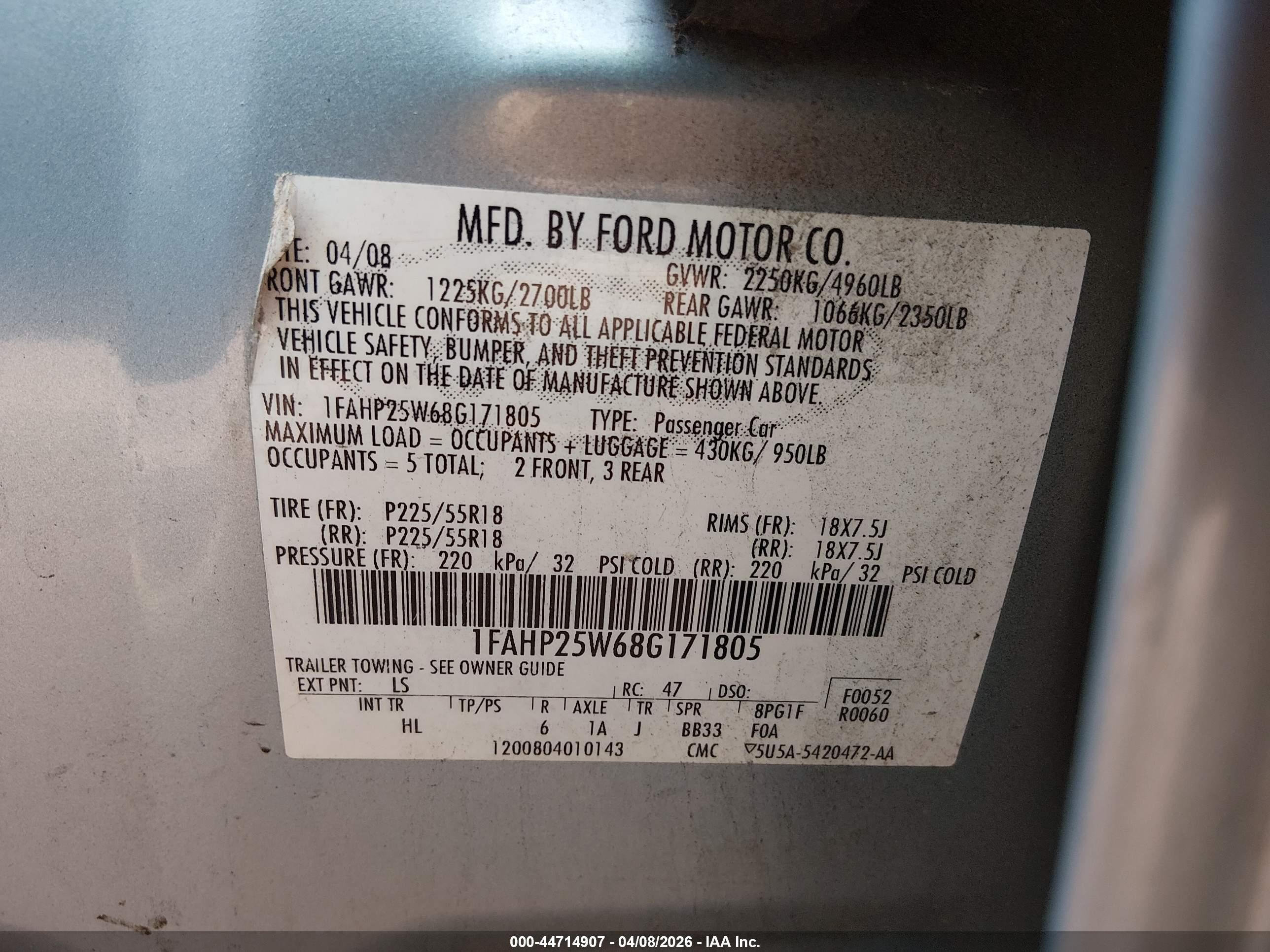2008 Ford Taurus Limited Light Blue vin: 1FAHP25W68G171805