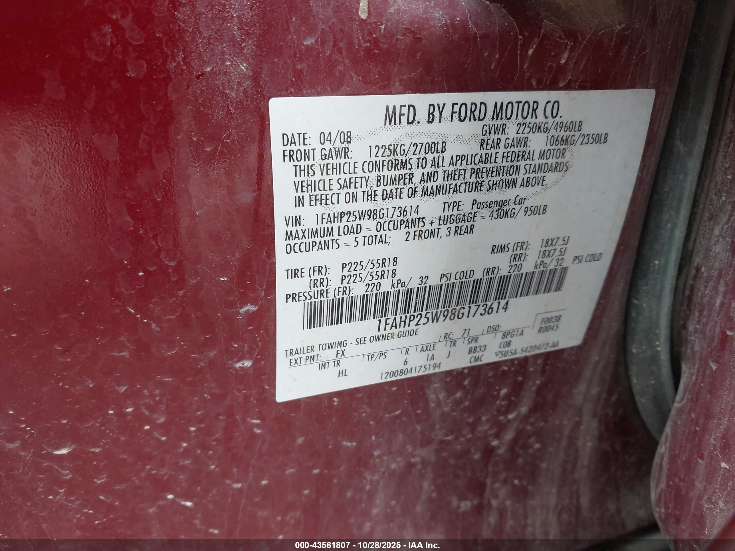 2008 Ford Taurus Limited Red vin: 1FAHP25W98G173614