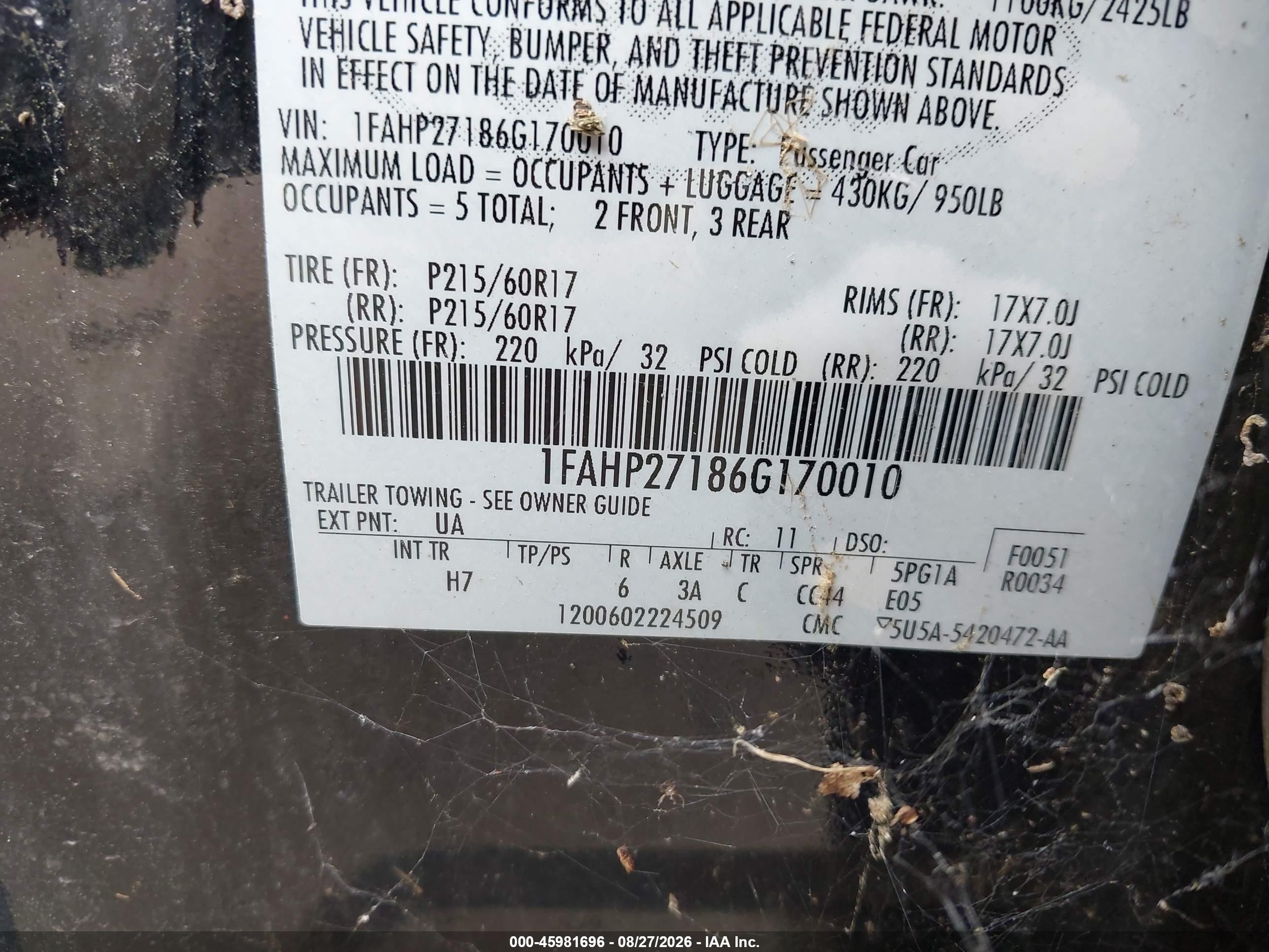 2006 Ford Five Hundred Sel Черный vin: 1FAHP27186G170010