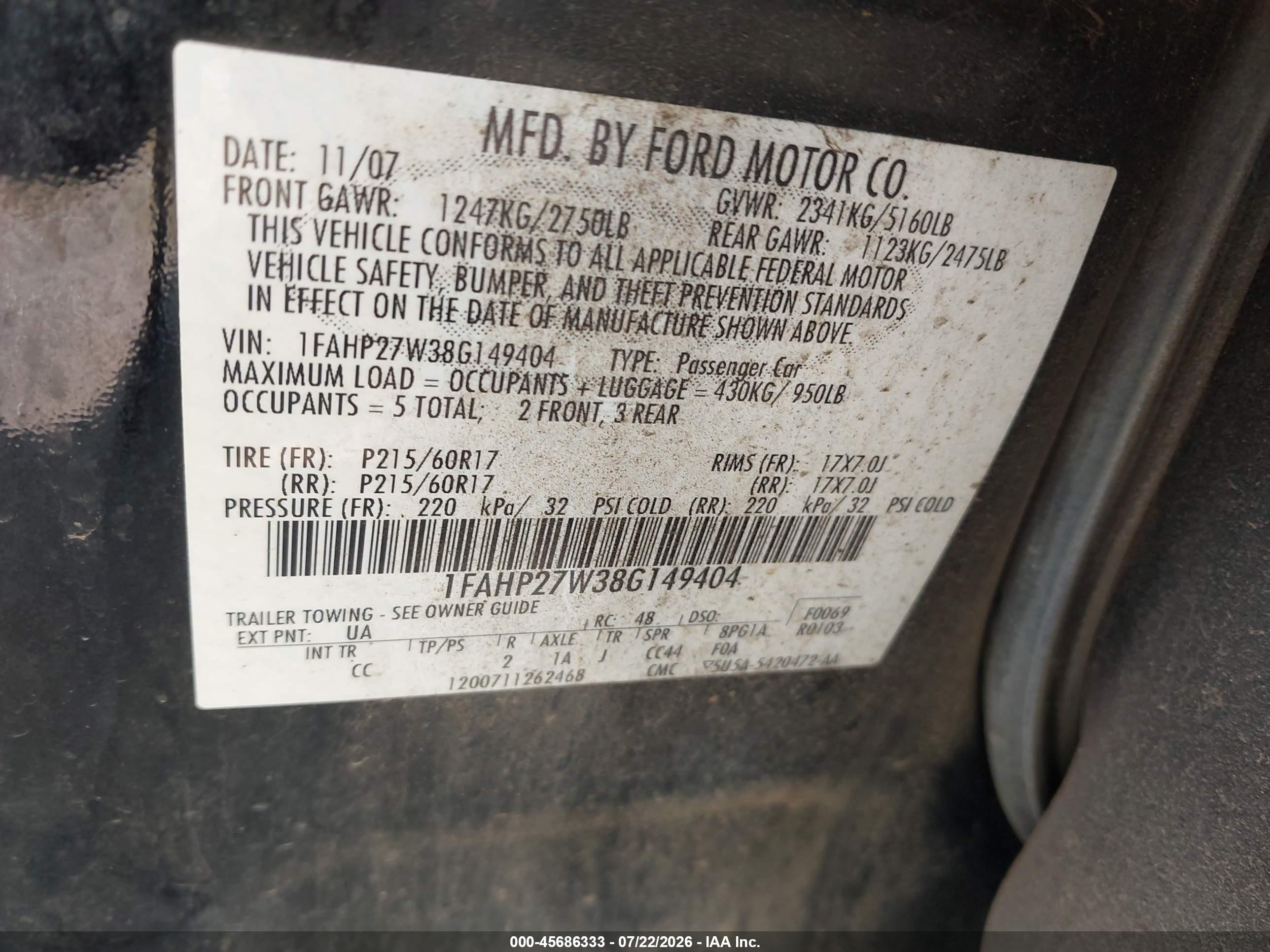 2008 Ford Taurus Sel Черный vin: 1FAHP27W38G149404