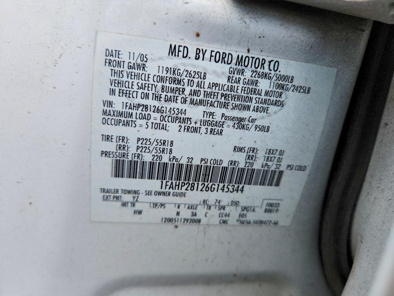2006 Ford Five Hundred Limited White vin: 1FAHP28126G145344
