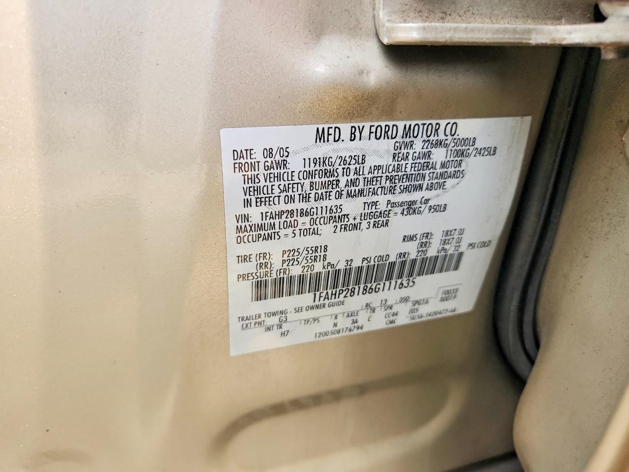 2006 Ford Five Hundred Limited Tan vin: 1FAHP28186G111635