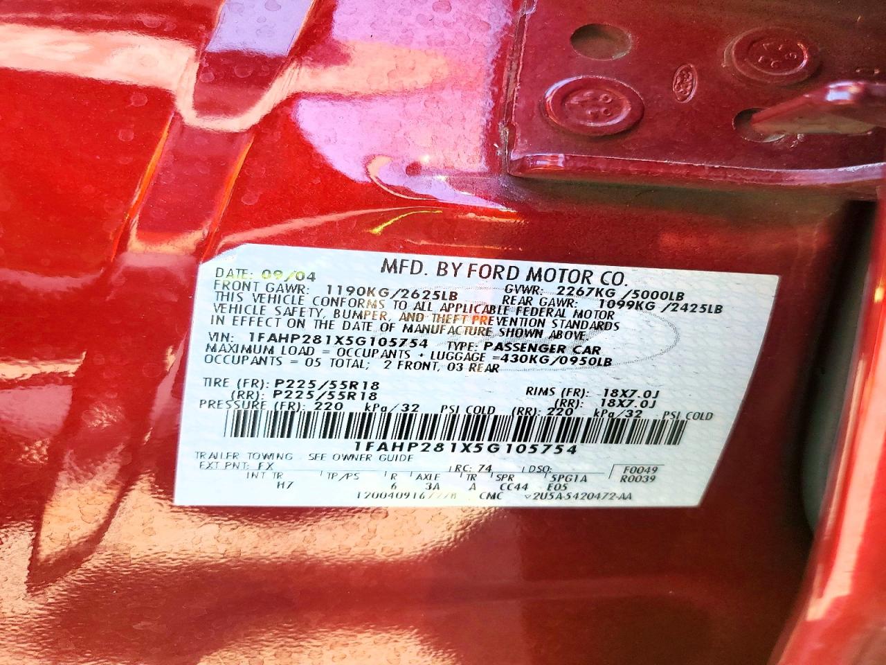 2005 Ford Five Hundred Limited Burgundy vin: 1FAHP281X5G105754