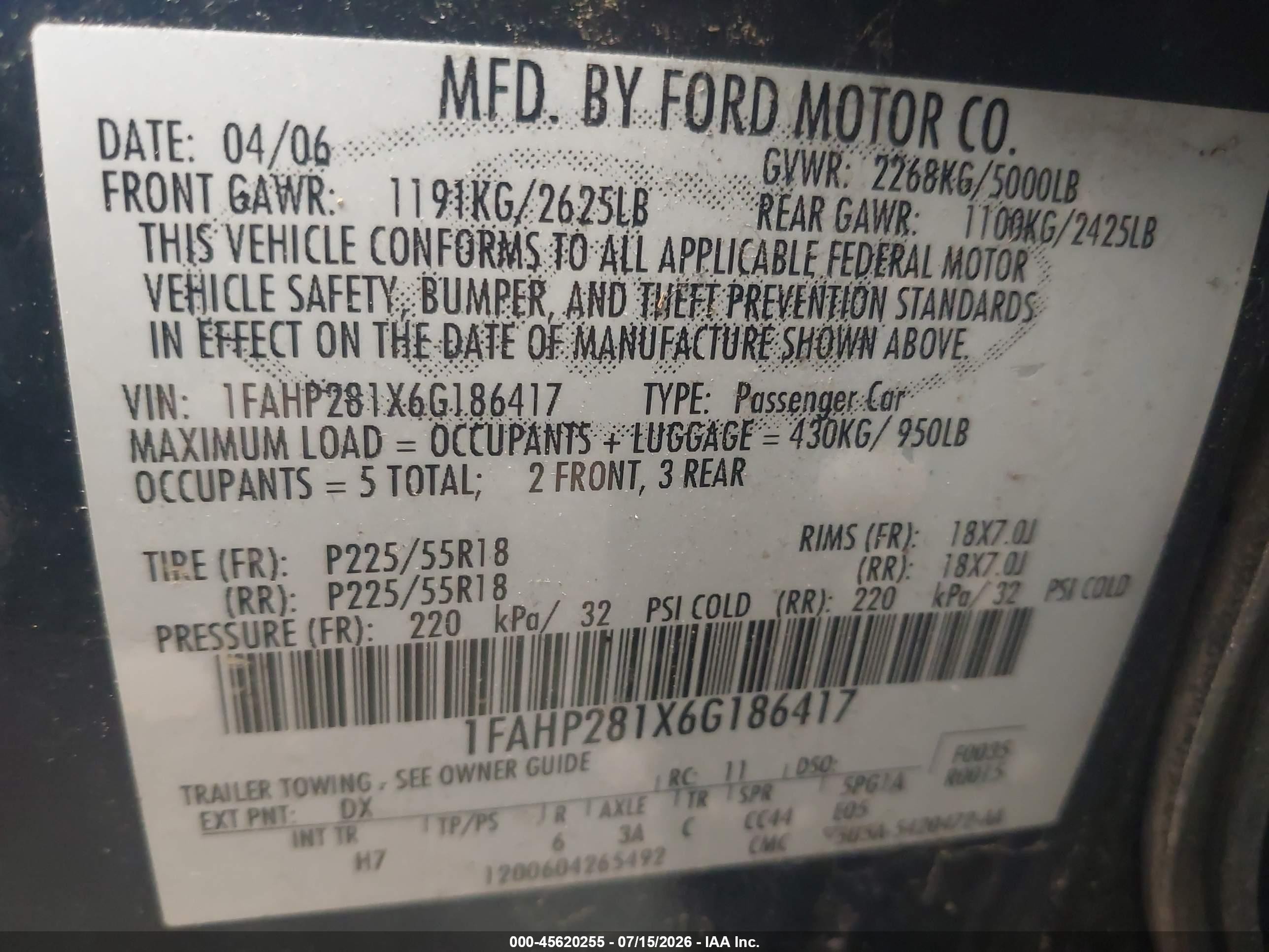 2006 Ford Five Hundred Limited Синий vin: 1FAHP281X6G186417