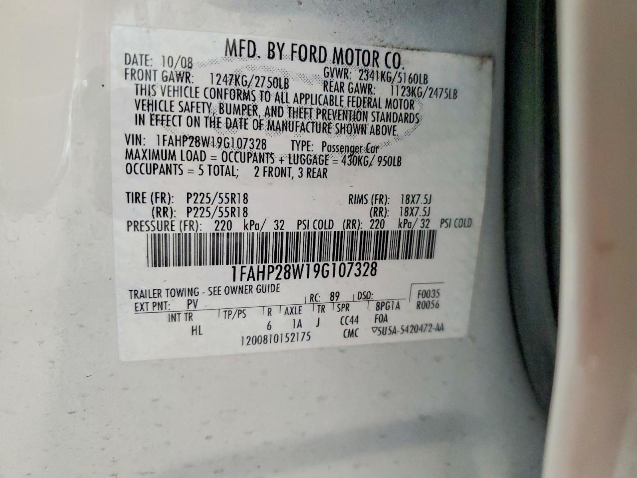 2009 Ford Taurus Limited White vin: 1FAHP28W19G107328