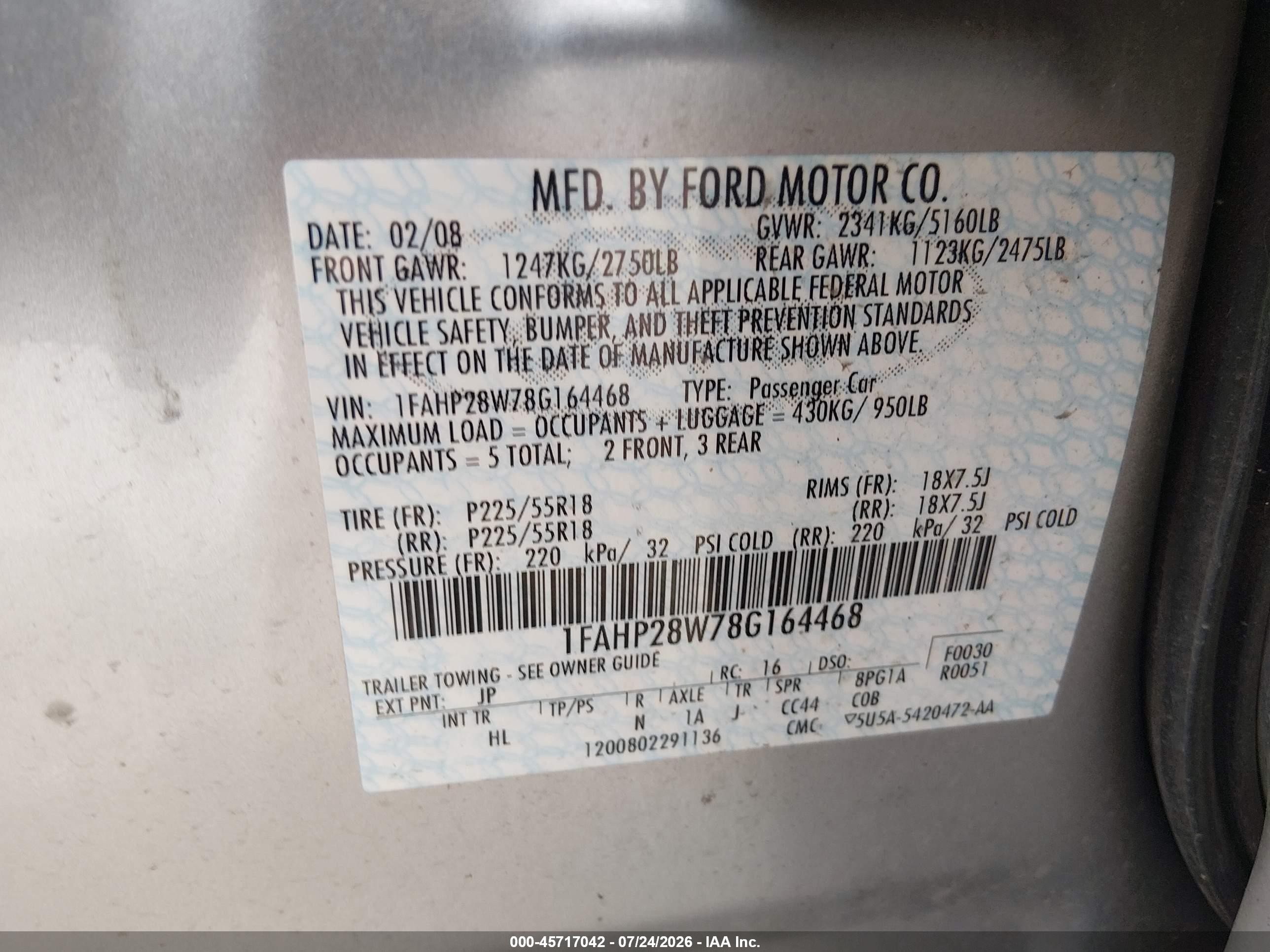 2008 Ford Taurus Limited Серебряный vin: 1FAHP28W78G164468