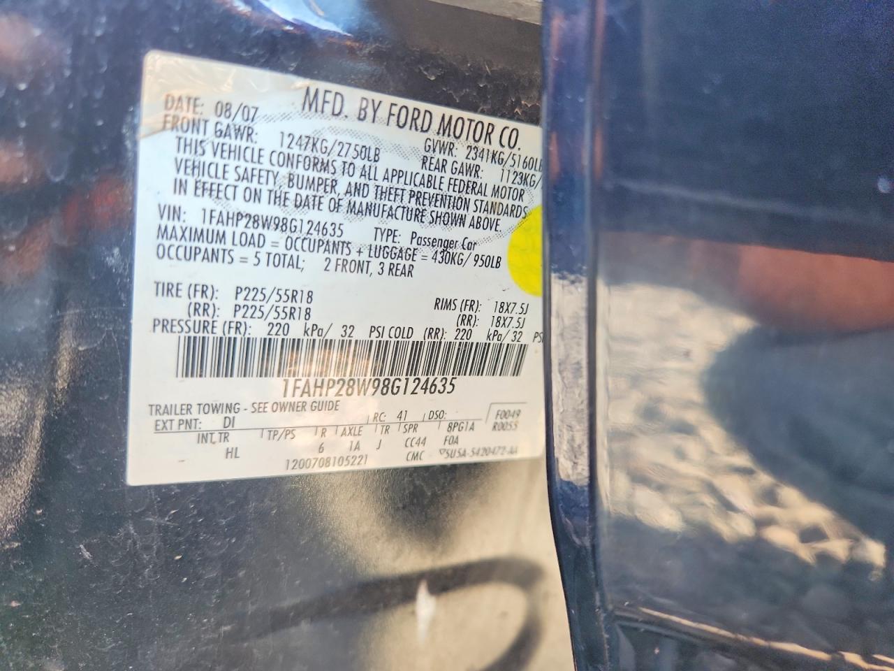 2008 Ford Taurus Limited Blue vin: 1FAHP28W98G124635