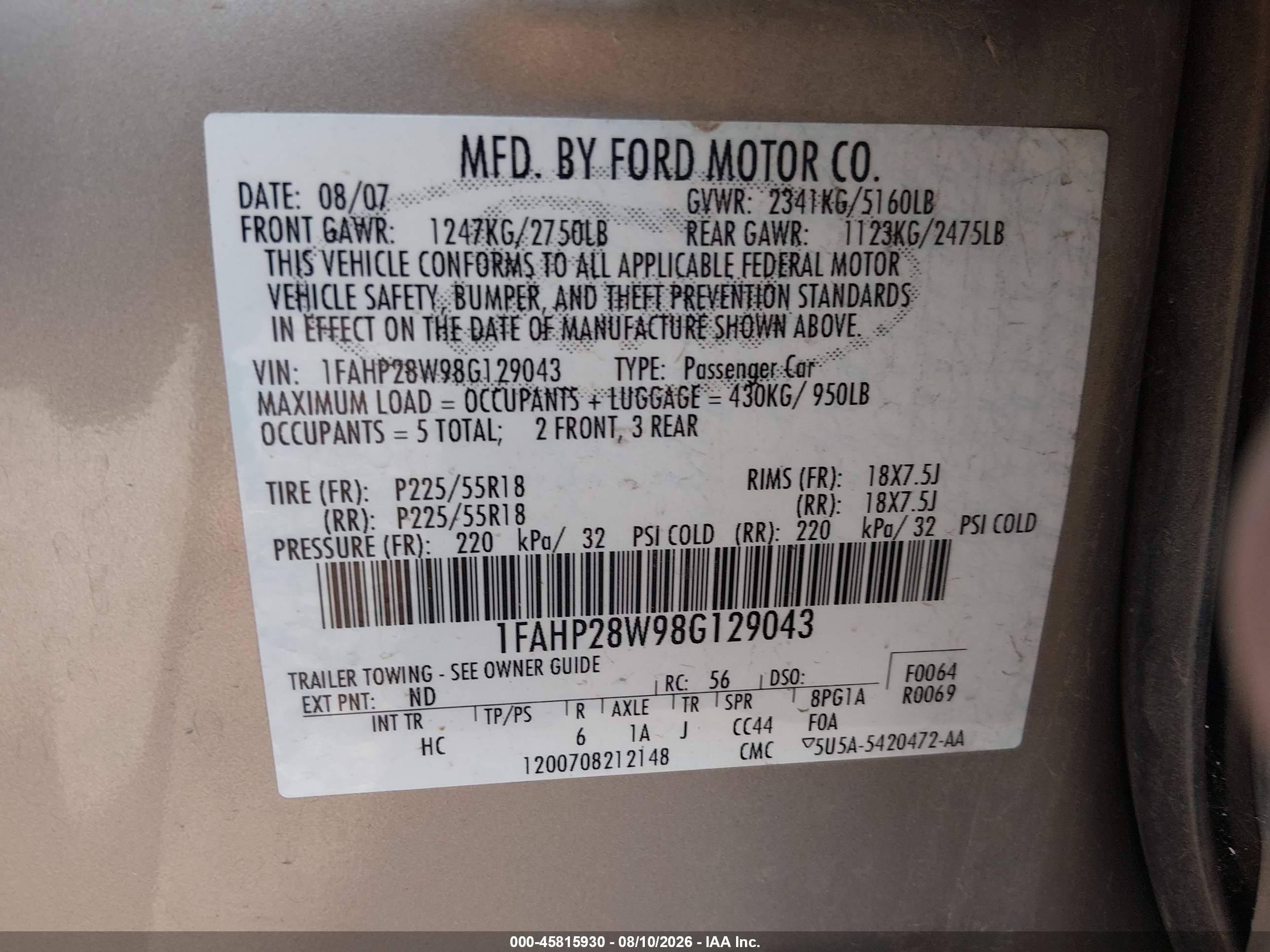 2008 Ford Taurus Limited Tan vin: 1FAHP28W98G129043