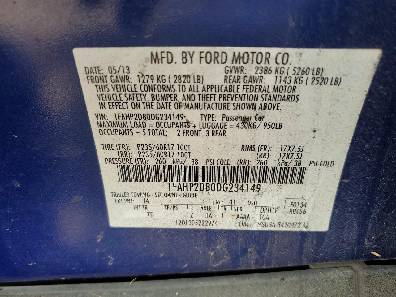 2013 Ford Taurus Blue vin: 1FAHP2D80DG234149