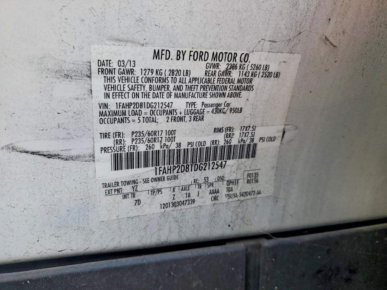 2013 Ford Taurus Se White vin: 1FAHP2D81DG212547