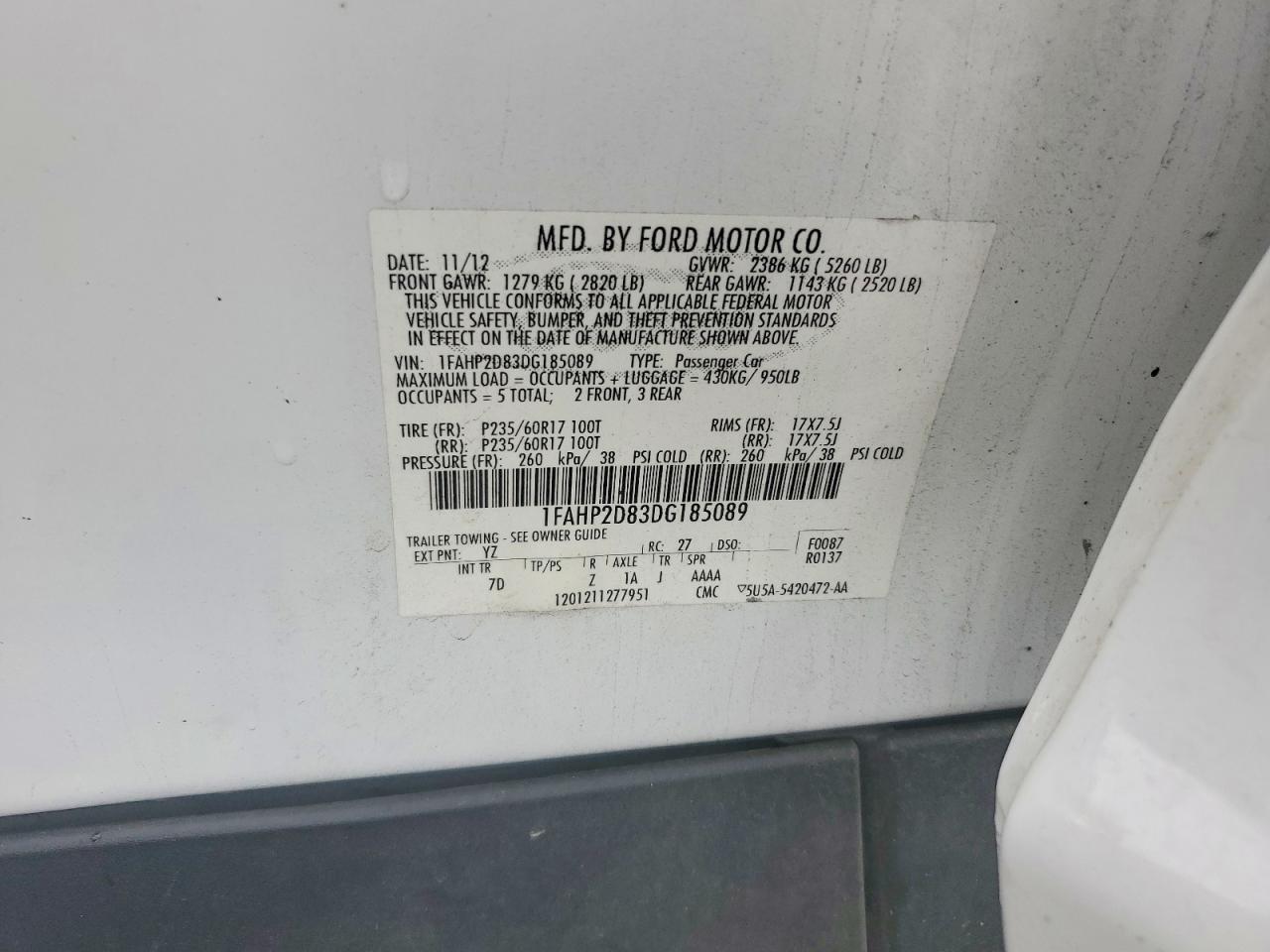 2013 Ford Taurus Se White vin: 1FAHP2D83DG185089