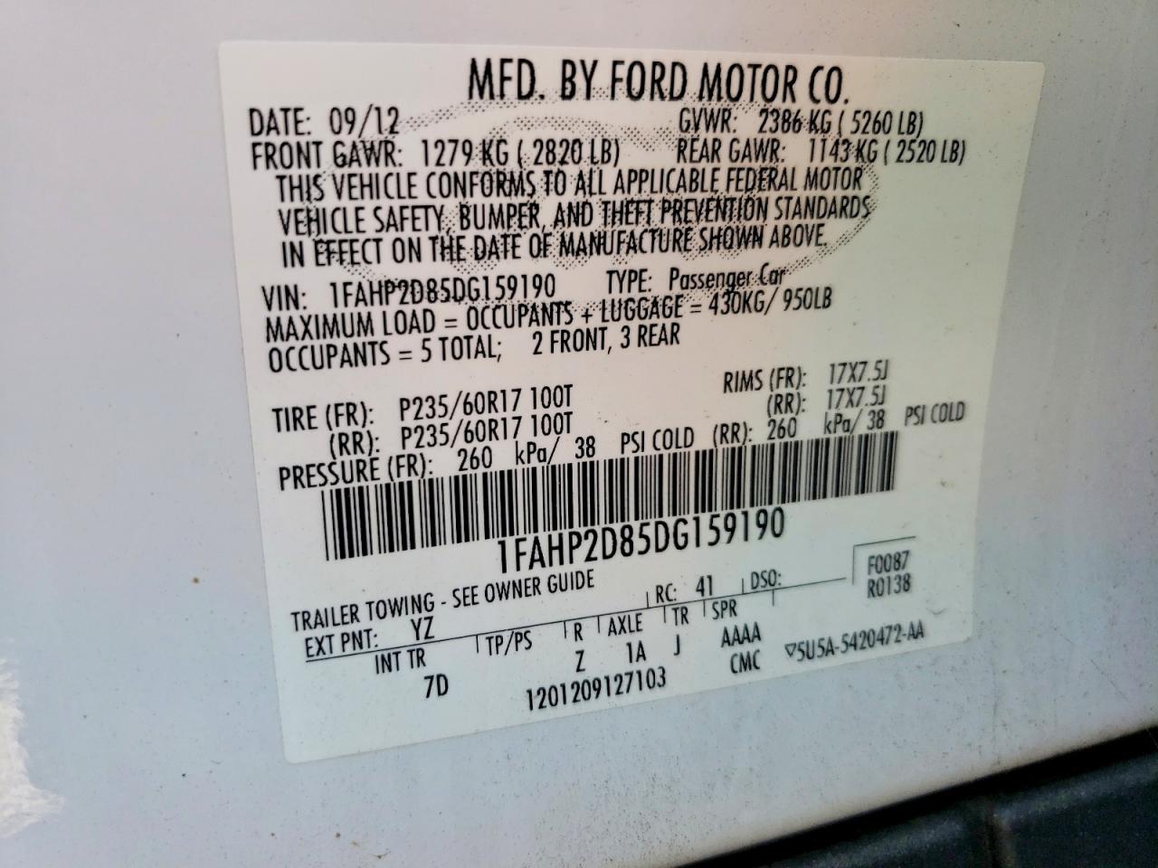 2013 Ford Taurus Se White vin: 1FAHP2D85DG159190