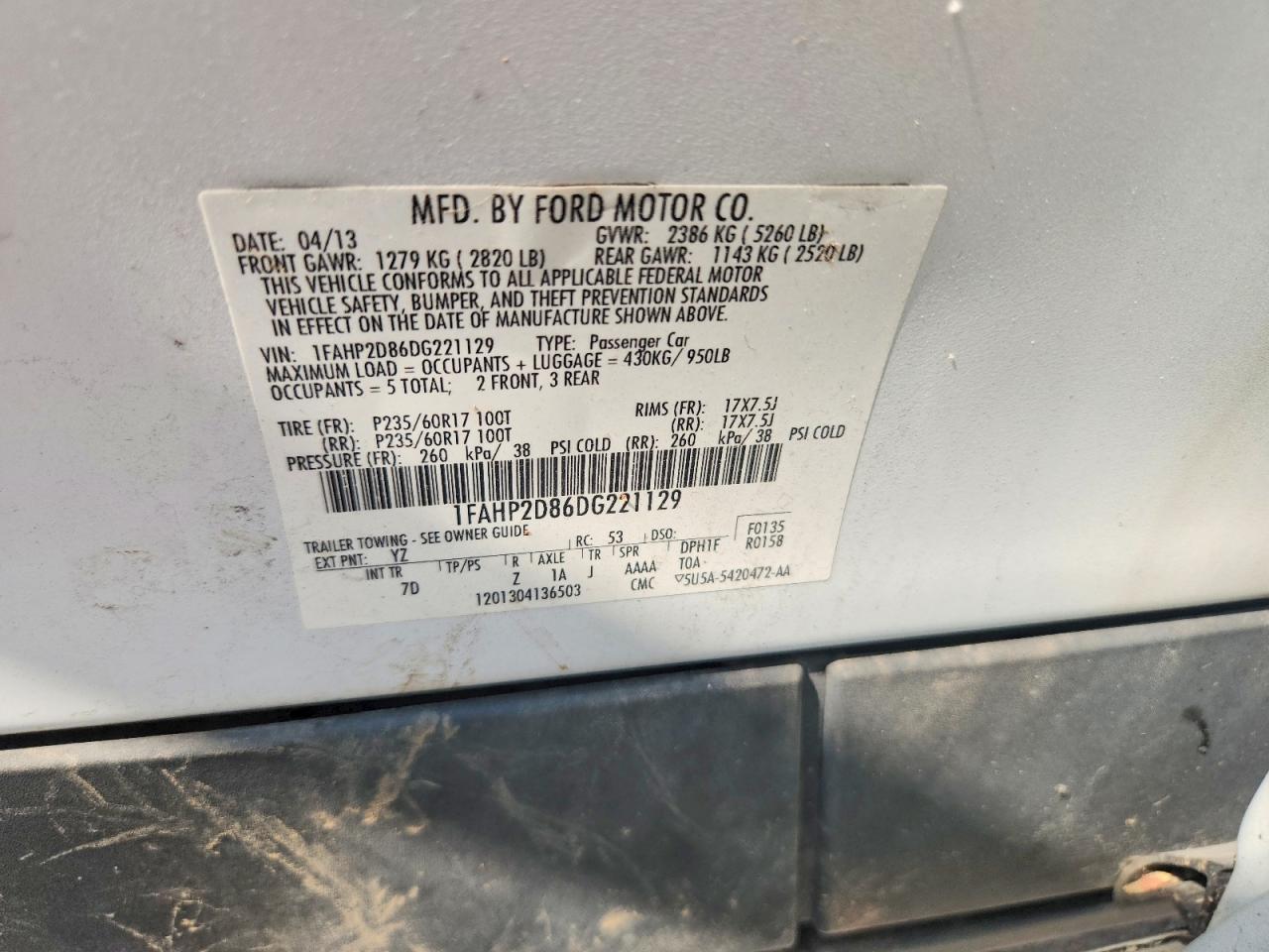 2013 Ford Taurus Se White vin: 1FAHP2D86DG221129