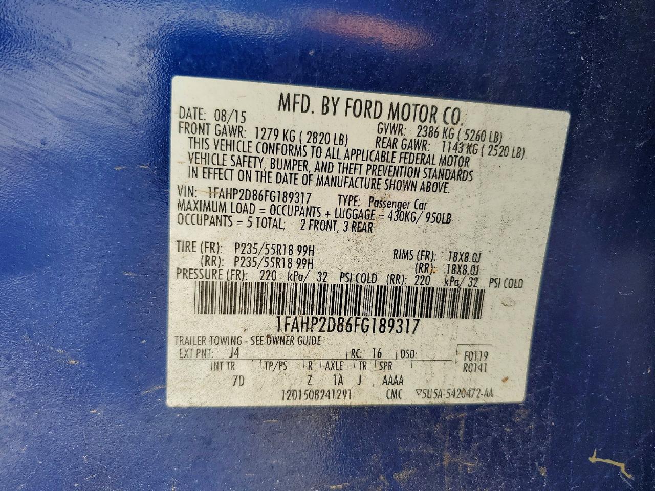 2015 Ford Taurus Se Blue vin: 1FAHP2D86FG189317