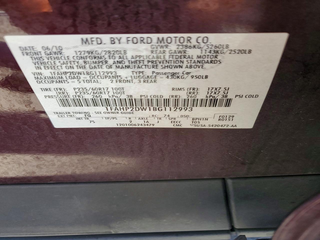 2011 Ford Taurus Se Burgundy vin: 1FAHP2DW1BG112993