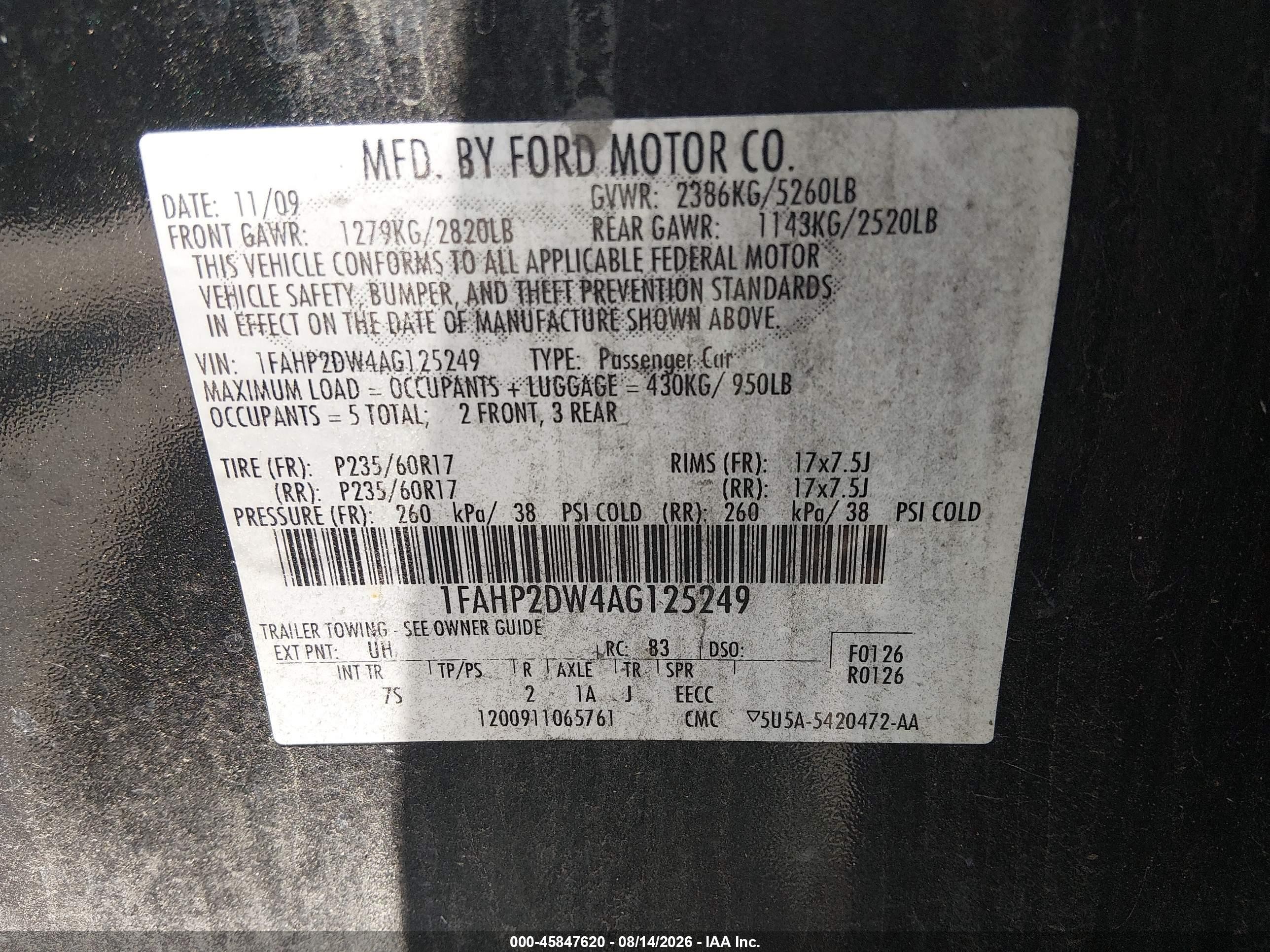 2010 Ford Taurus Se Black vin: 1FAHP2DW4AG125249