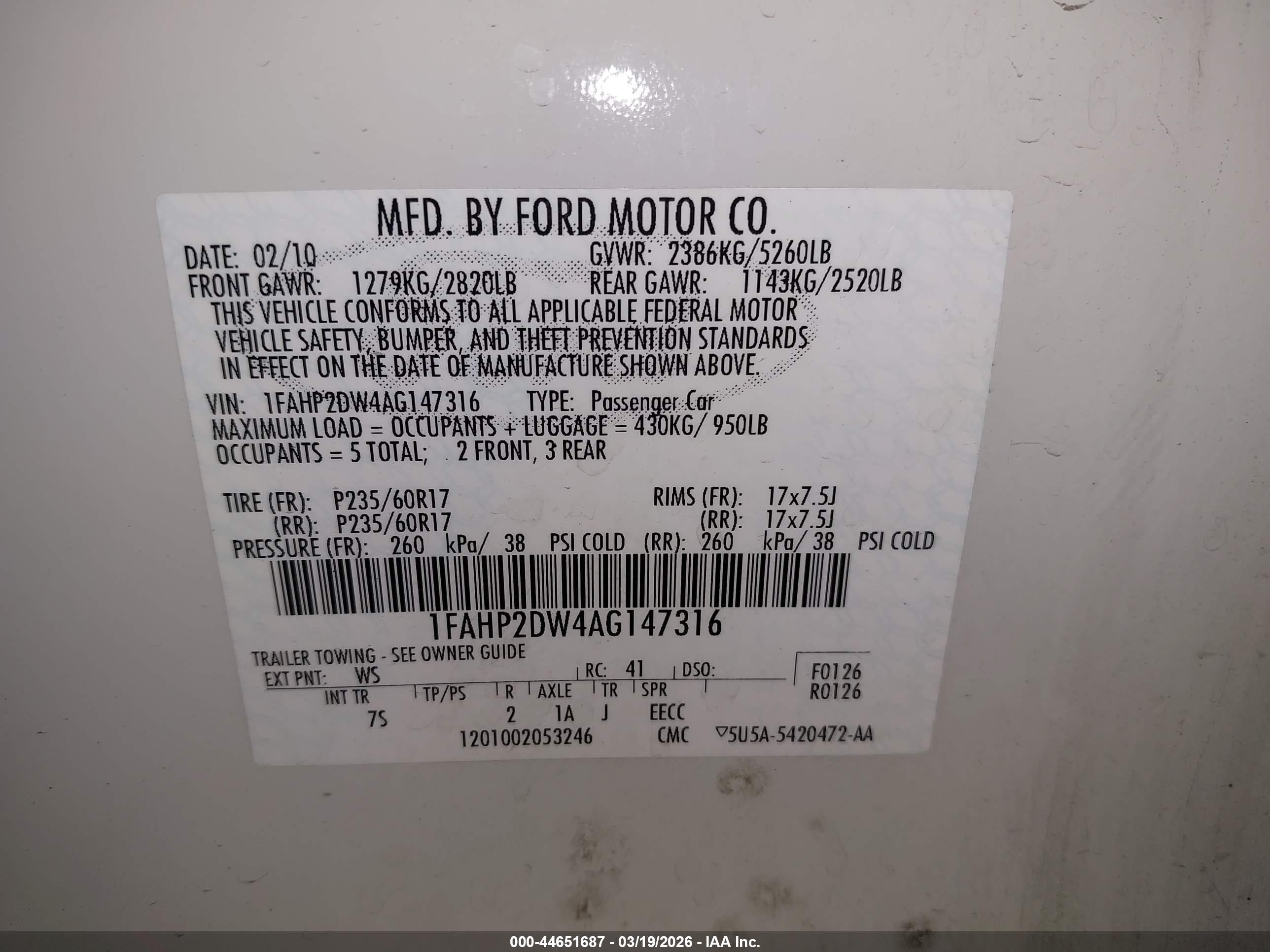 2010 Ford Taurus Se White vin: 1FAHP2DW4AG147316