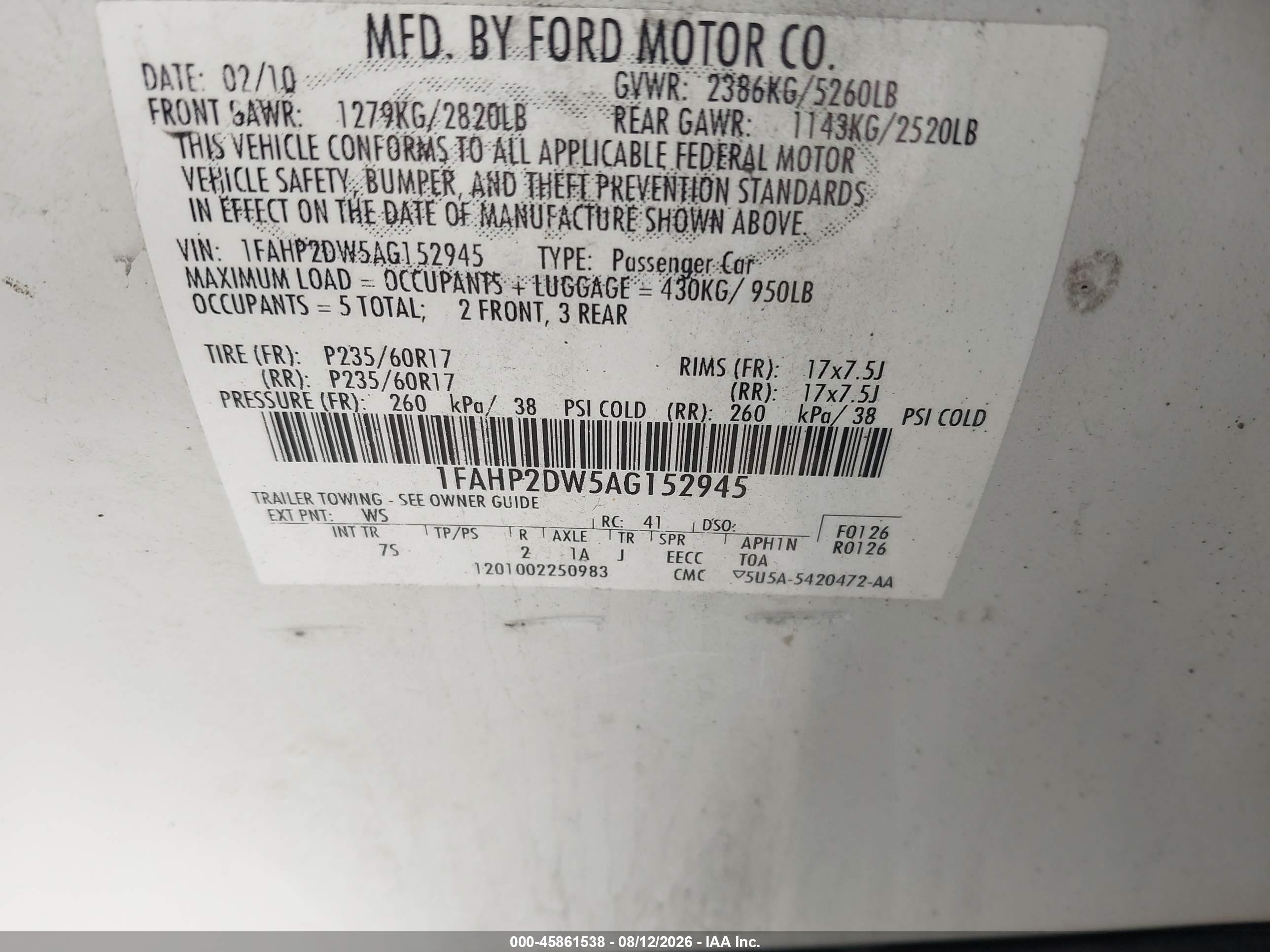 2010 Ford Taurus Se White vin: 1FAHP2DW5AG152945