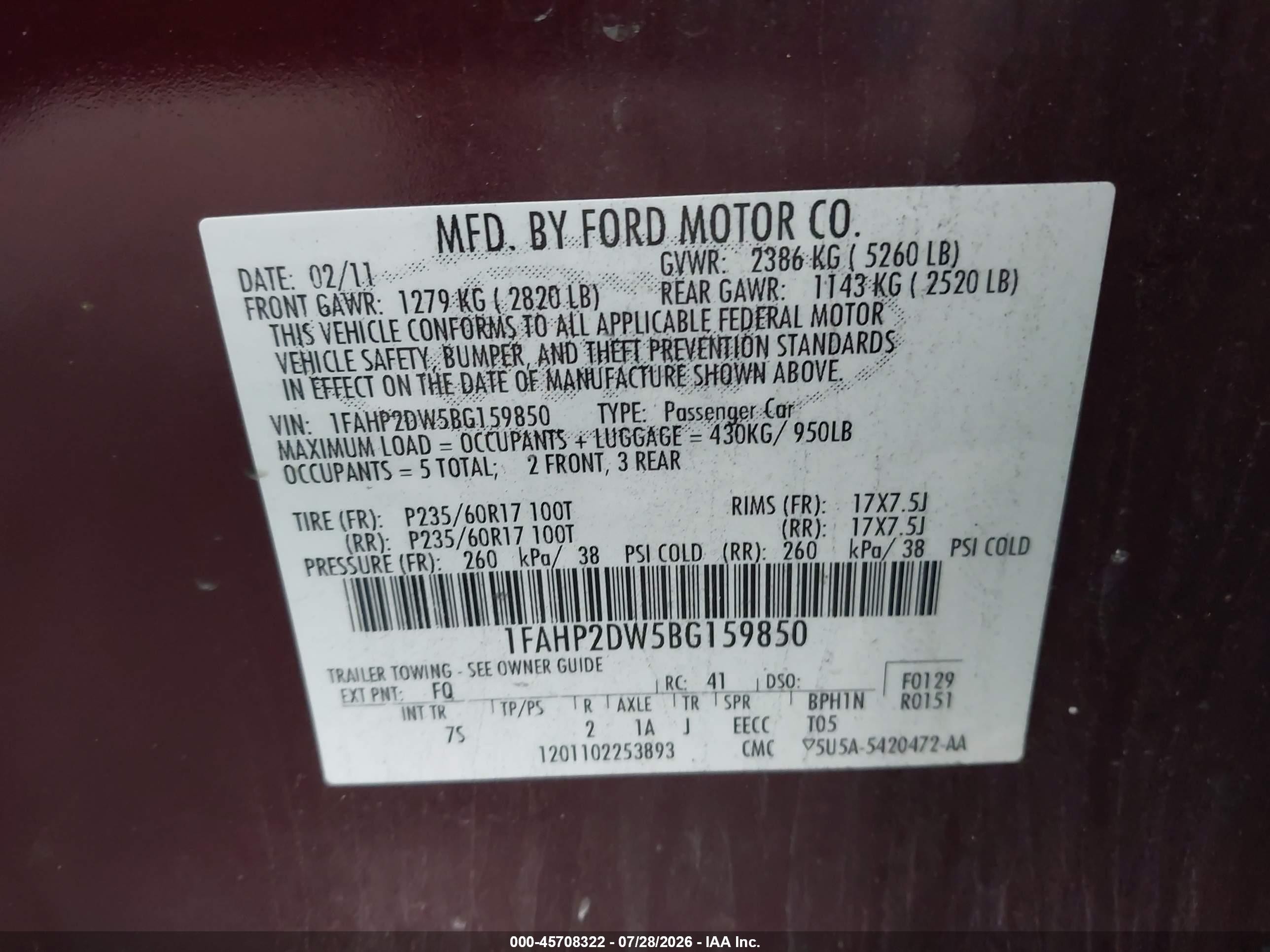 2011 Ford Taurus Se Burgundy vin: 1FAHP2DW5BG159850