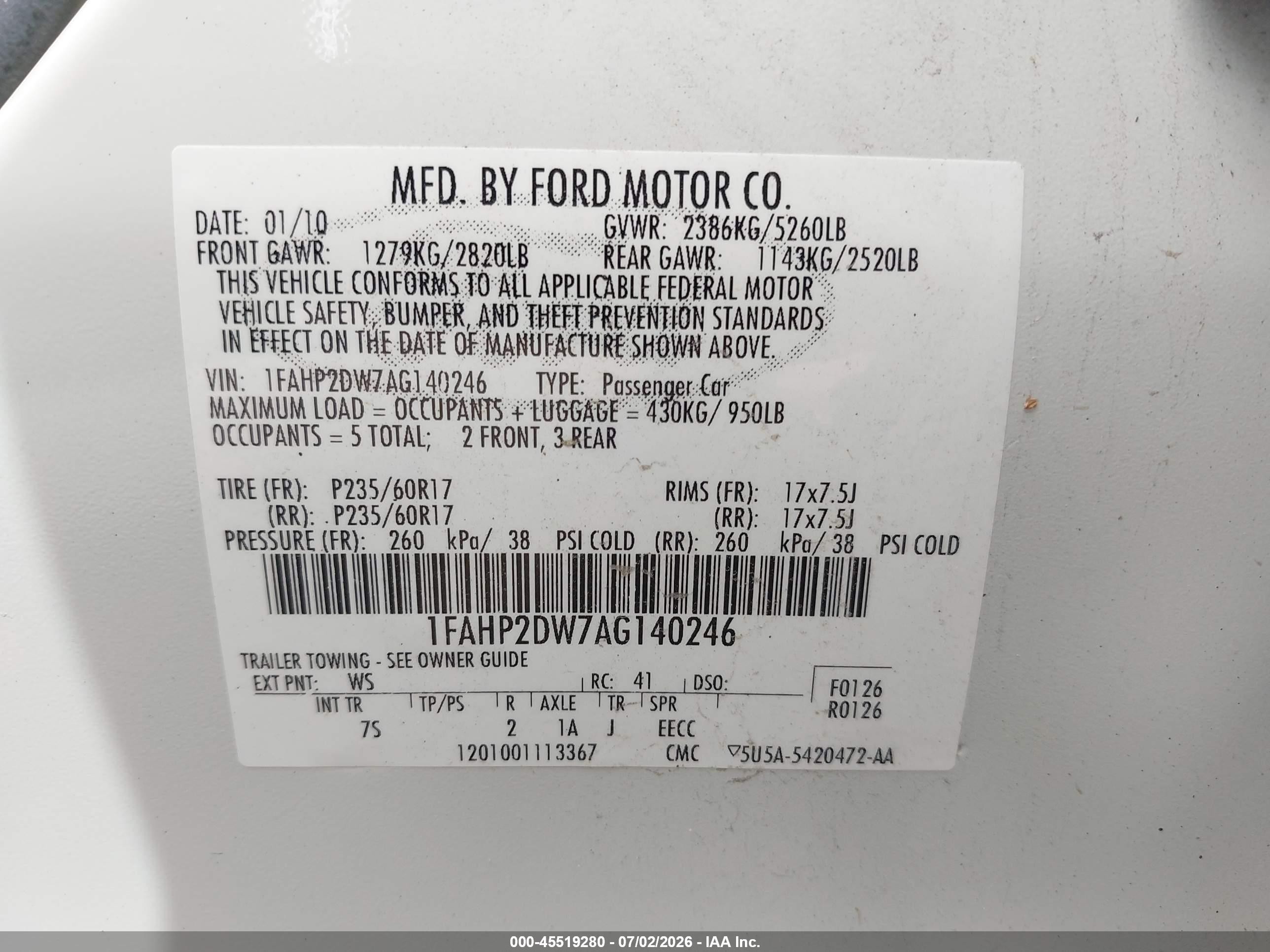 2010 Ford Taurus Se White vin: 1FAHP2DW7AG140246