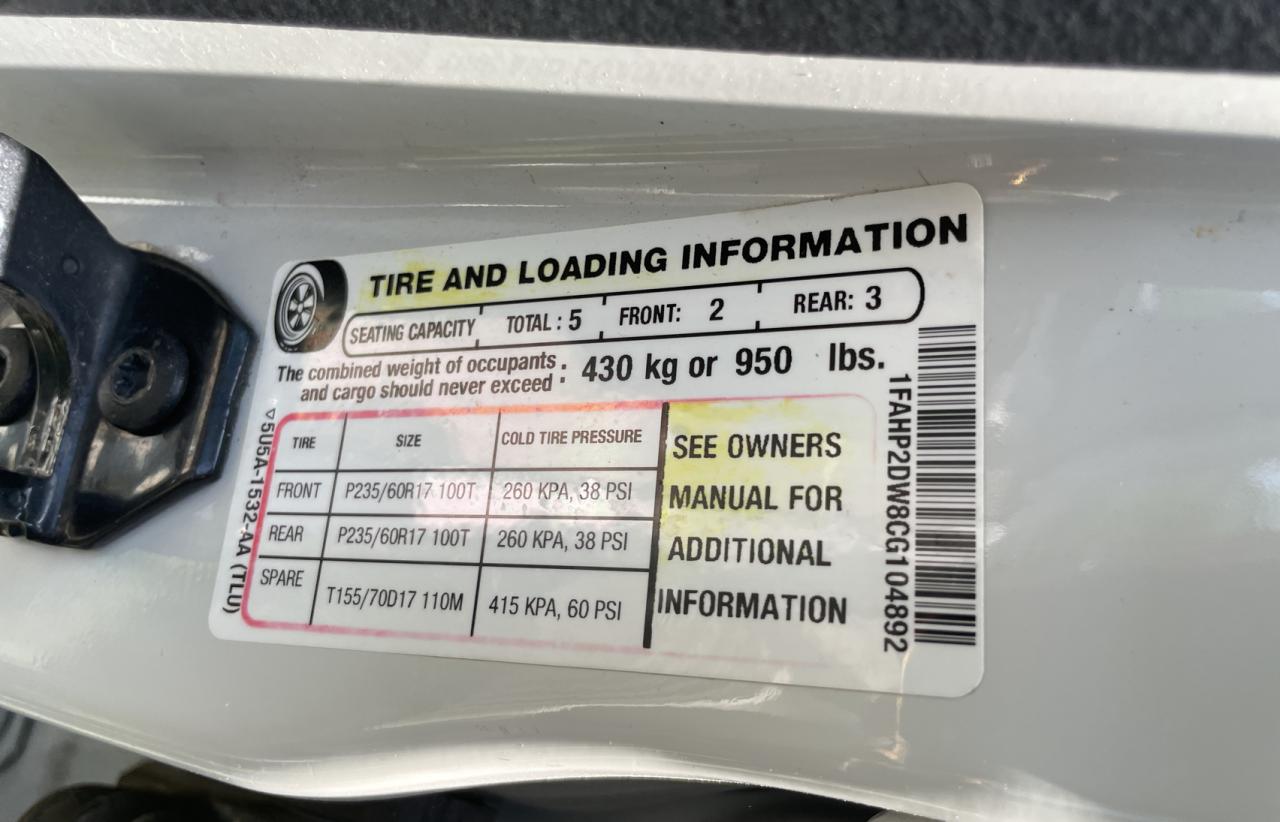 2012 Ford Taurus Se White vin: 1FAHP2DW8CG104892