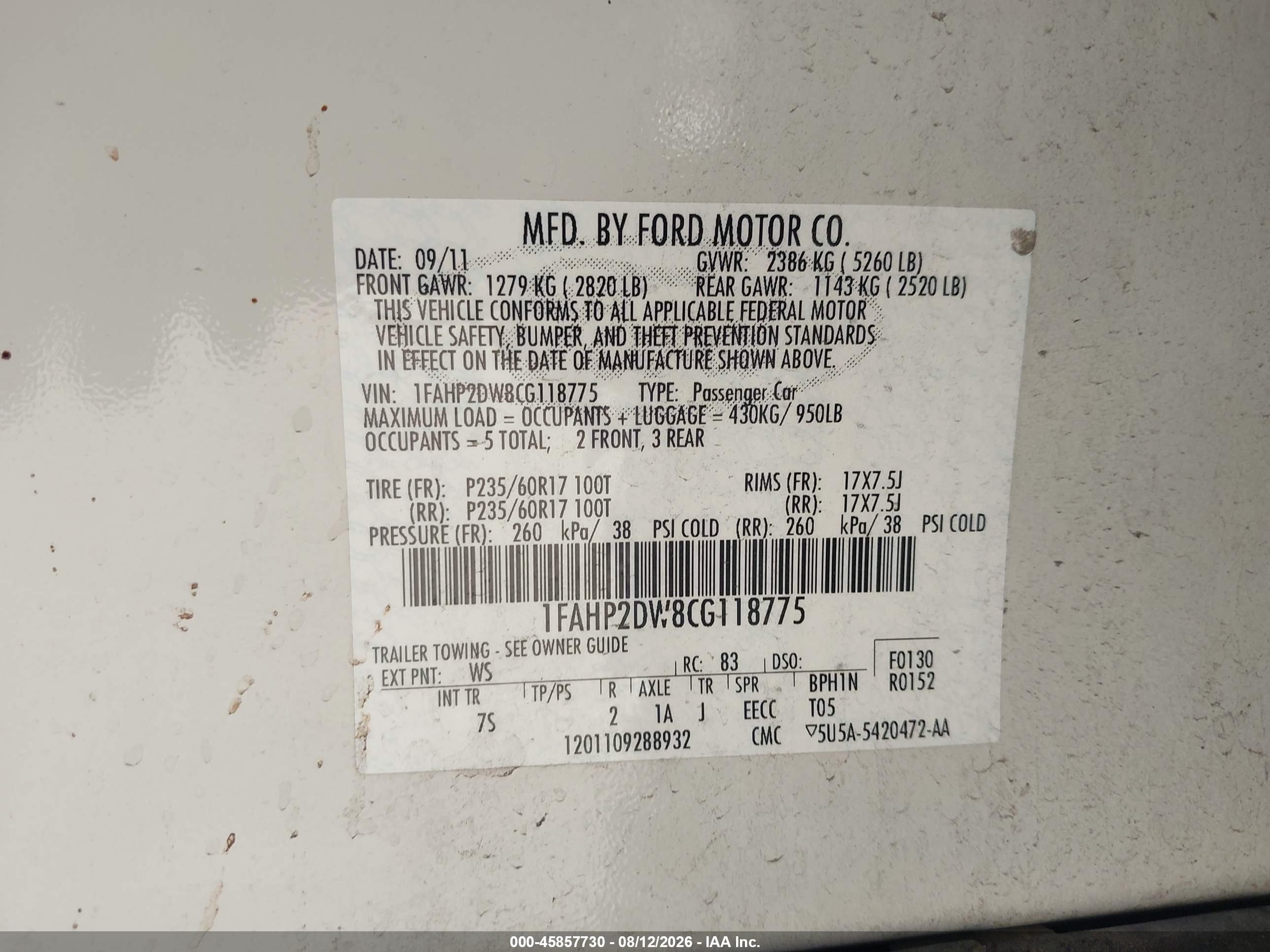 2012 Ford Taurus Se White vin: 1FAHP2DW8CG118775