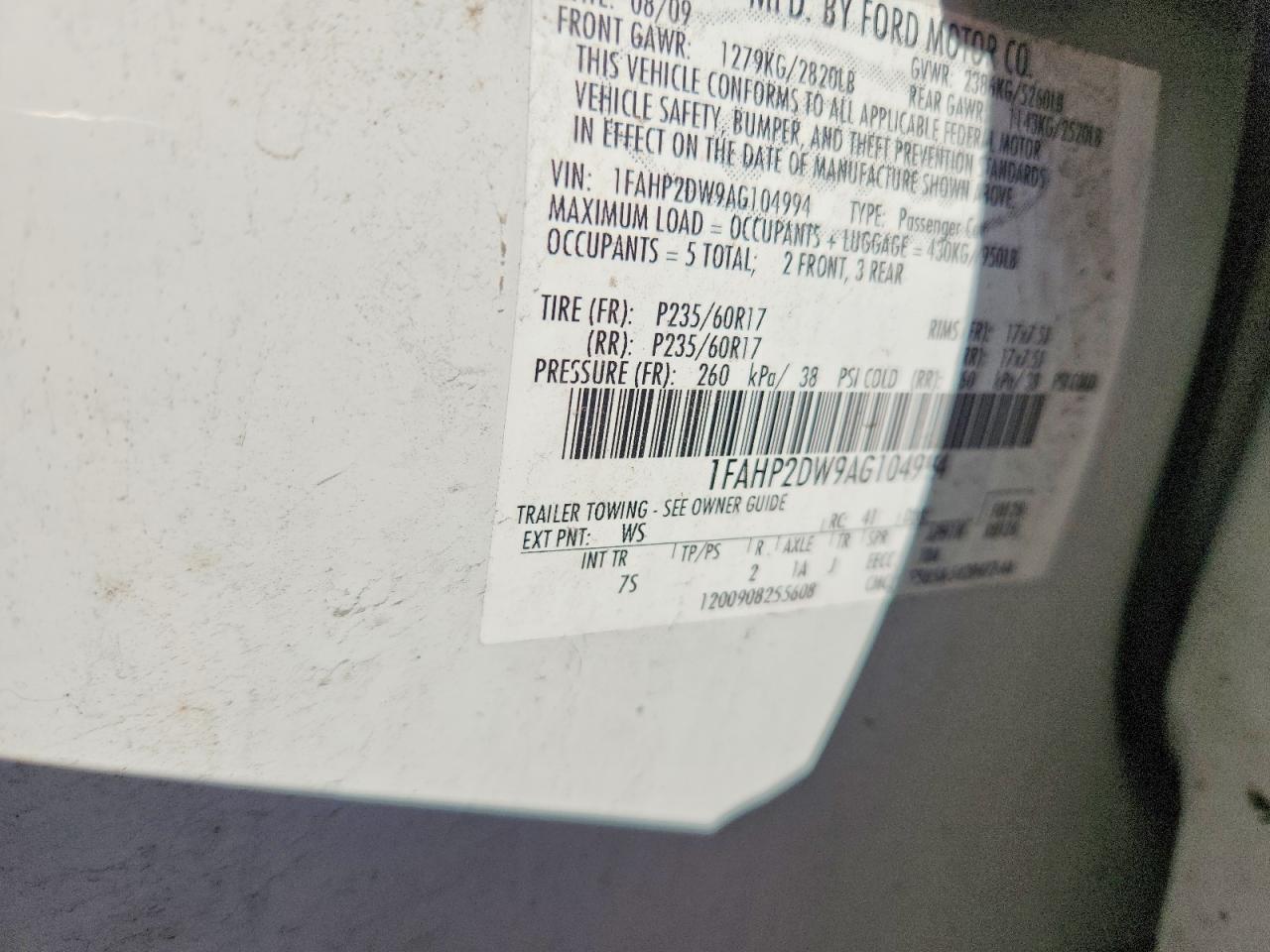 2010 Ford Taurus Se White vin: 1FAHP2DW9AG104994
