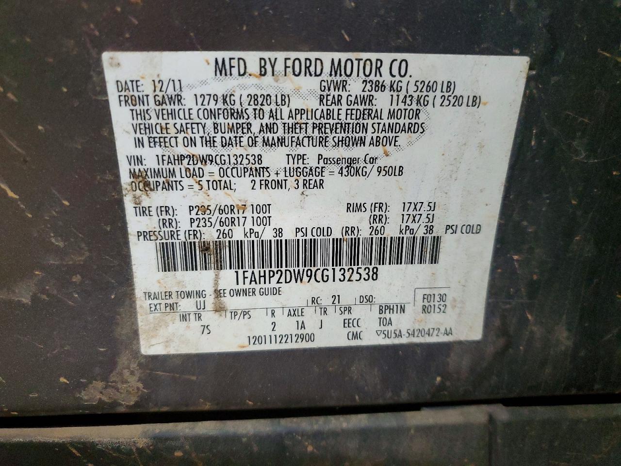 2012 Ford Taurus Se Gray vin: 1FAHP2DW9CG132538