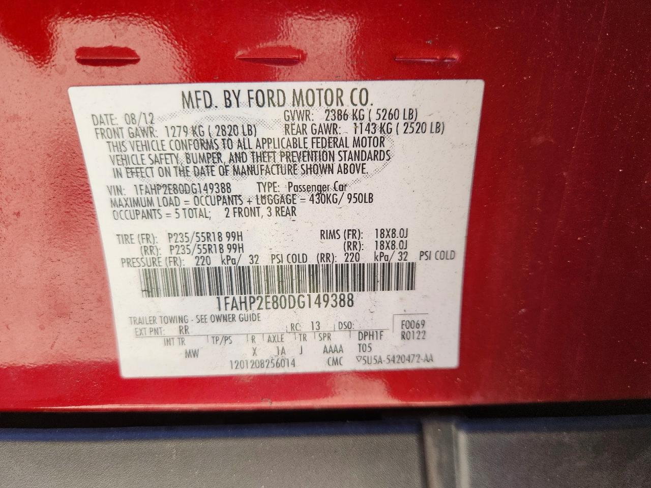 2013 Ford Taurus Sel Red vin: 1FAHP2E80DG149388