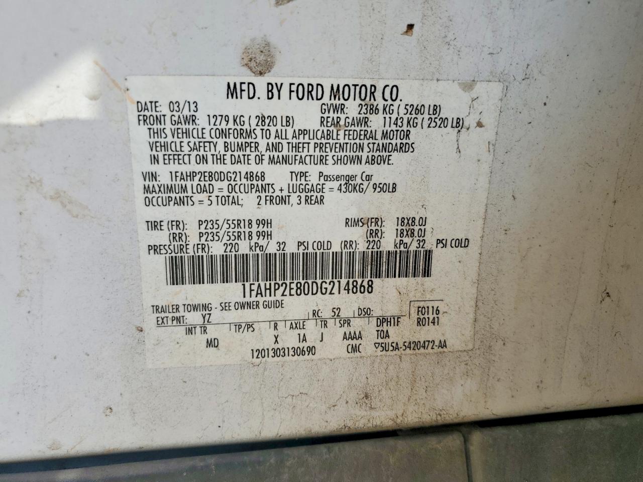 2013 Ford Taurus Sel White vin: 1FAHP2E80DG214868