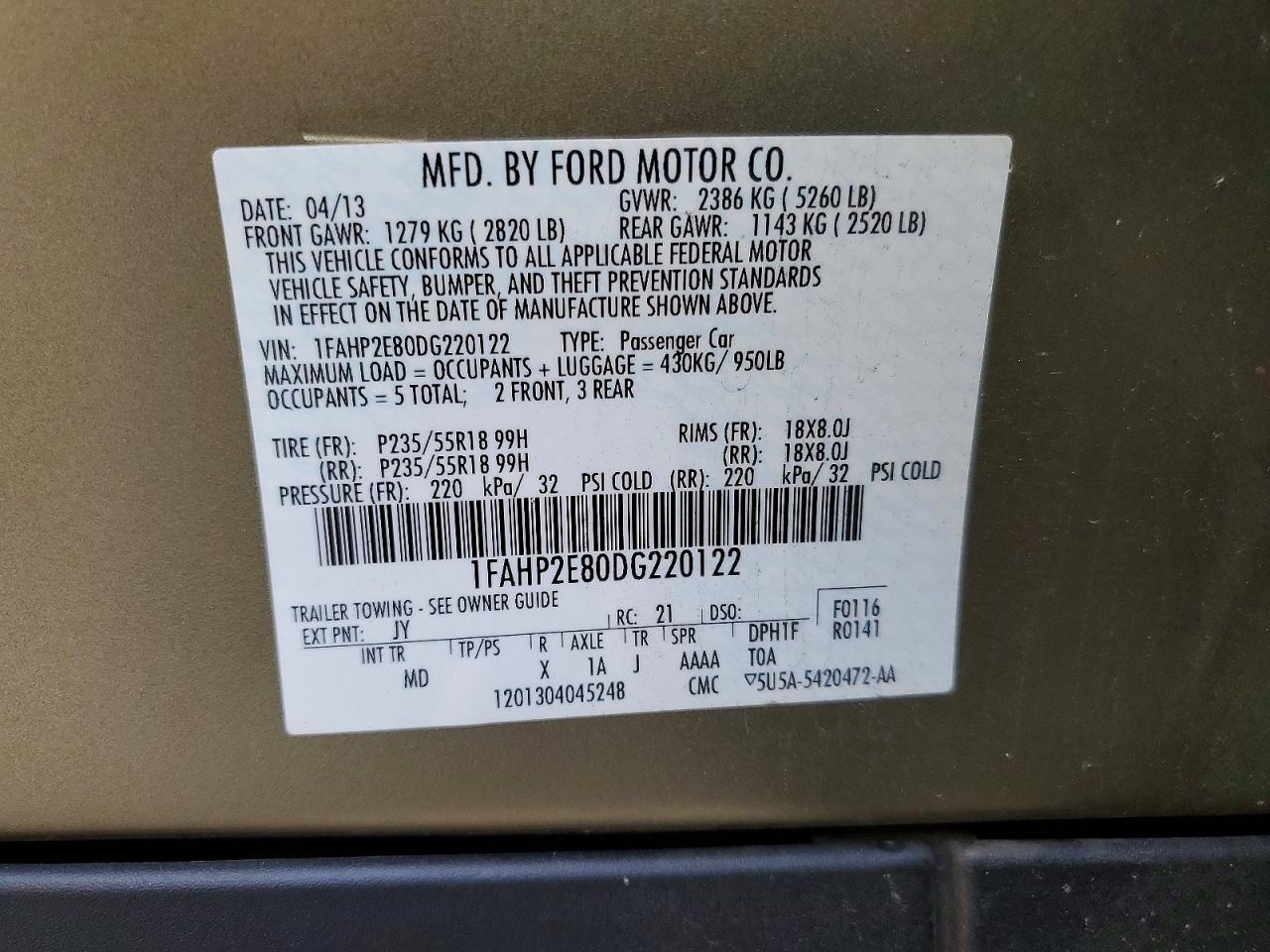 2013 Ford Taurus Sel Green vin: 1FAHP2E80DG220122