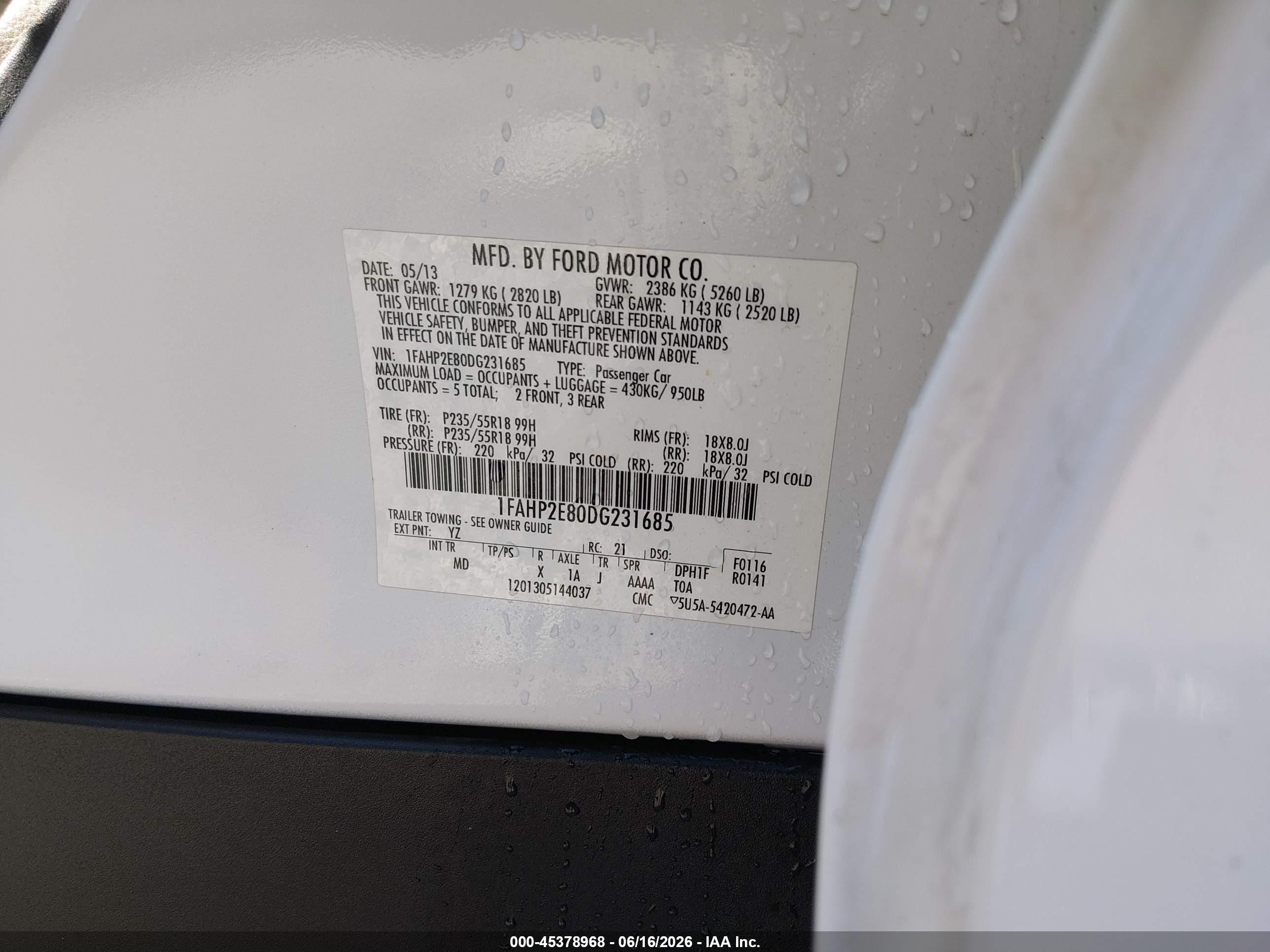 2013 Ford Taurus Sel White vin: 1FAHP2E80DG231685