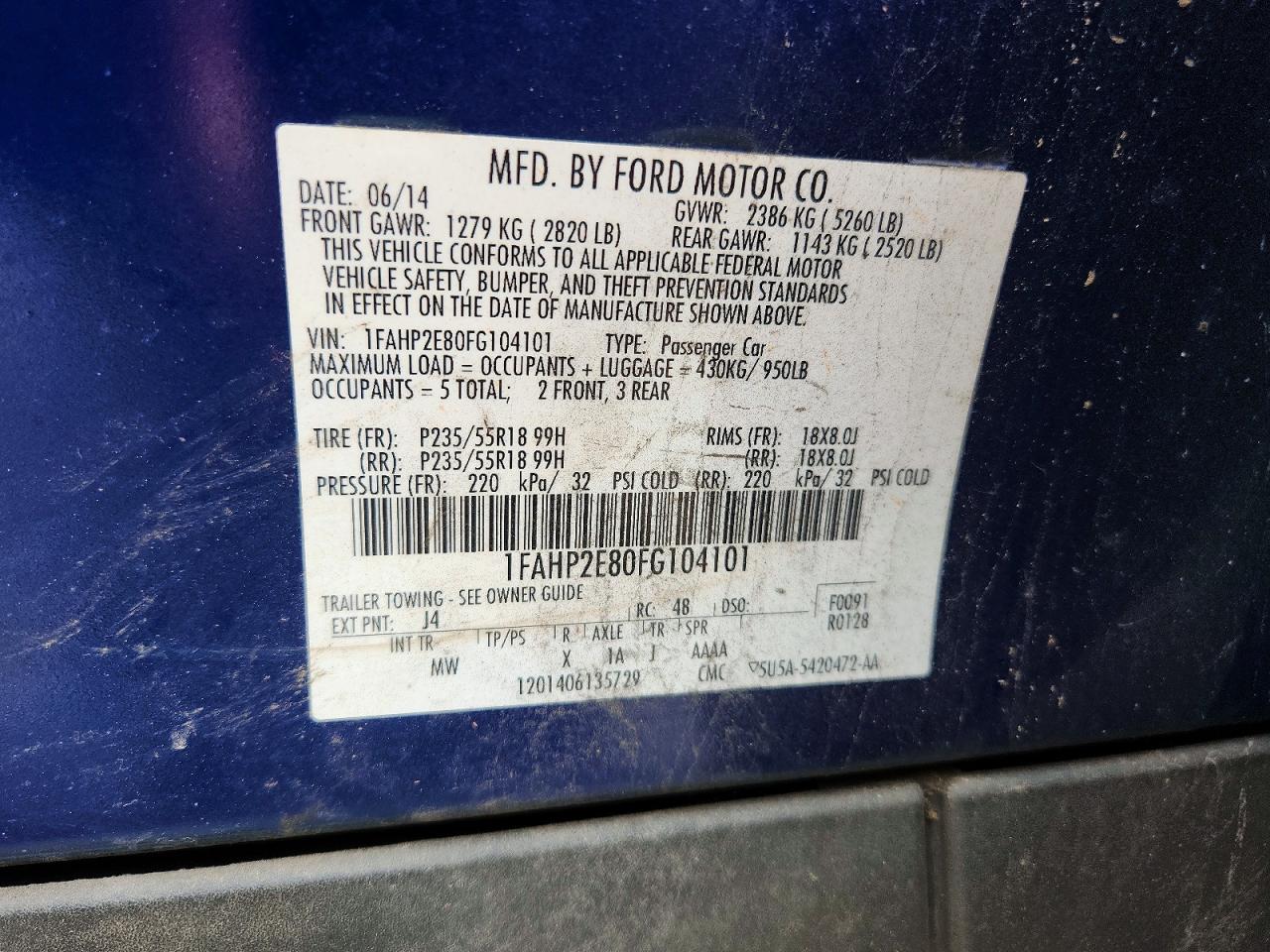 2015 Ford Taurus Sel Blue vin: 1FAHP2E80FG104101