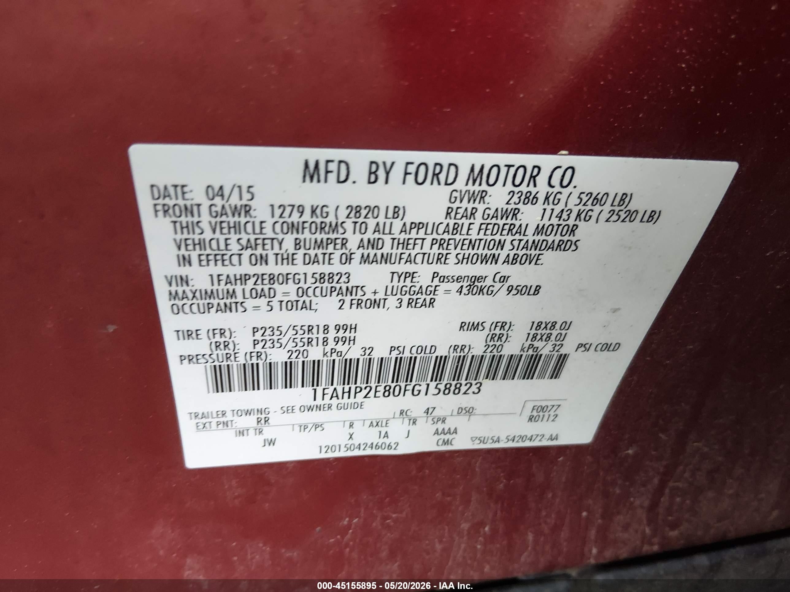 2015 Ford Taurus Sel Red vin: 1FAHP2E80FG158823