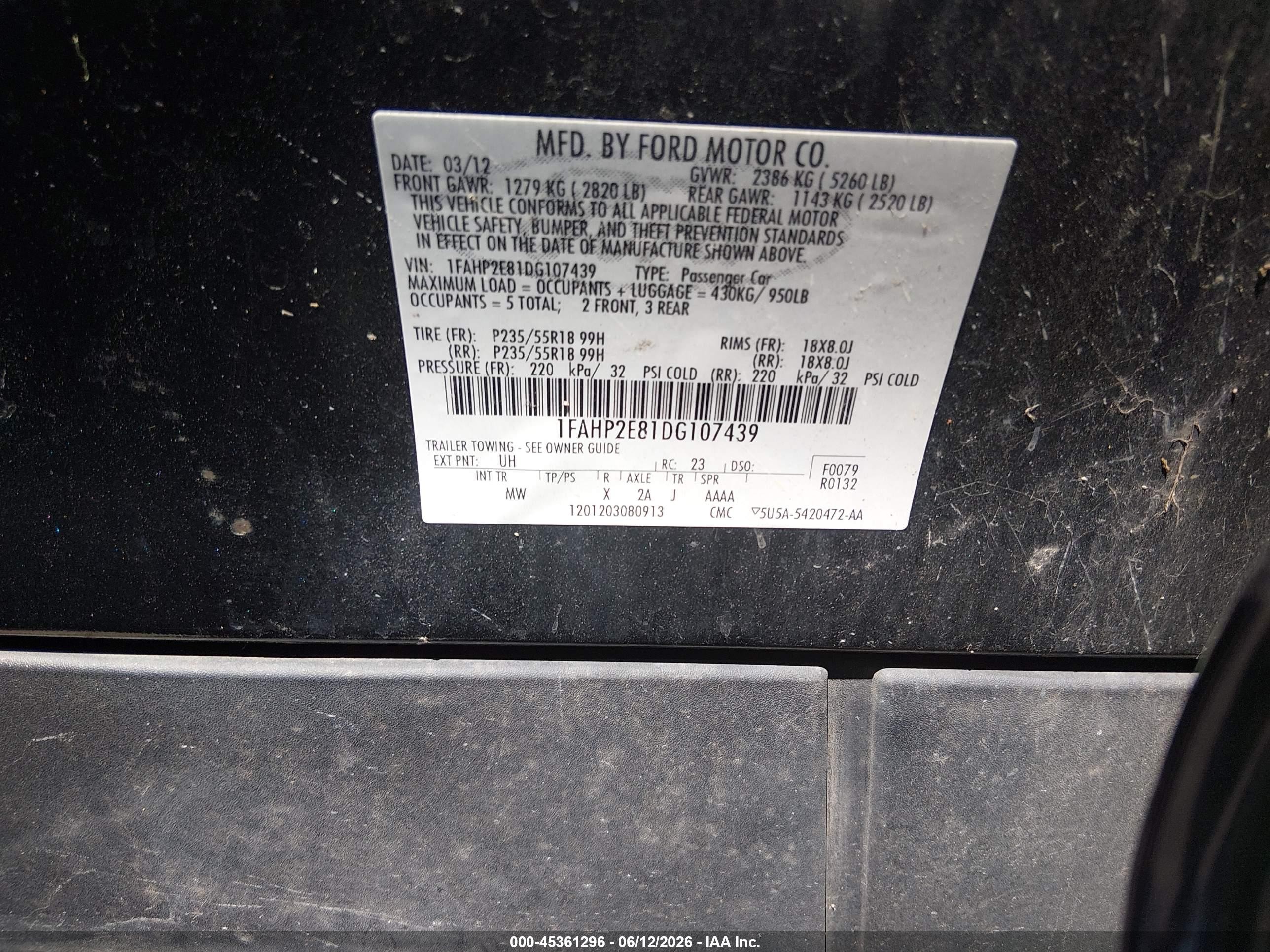 2013 Ford Taurus Sel Black vin: 1FAHP2E81DG107439