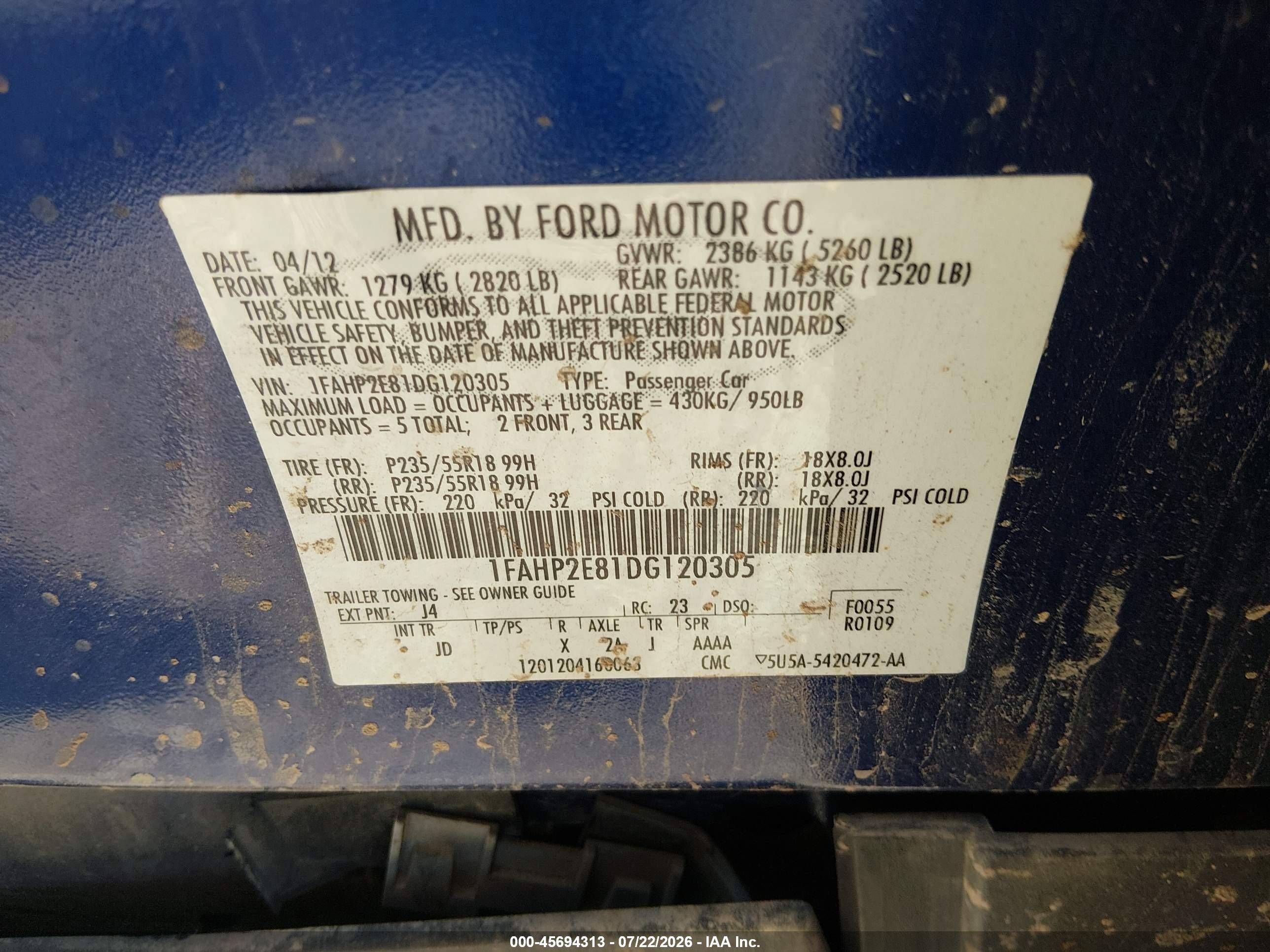 2013 Ford Taurus Sel Blue vin: 1FAHP2E81DG120305