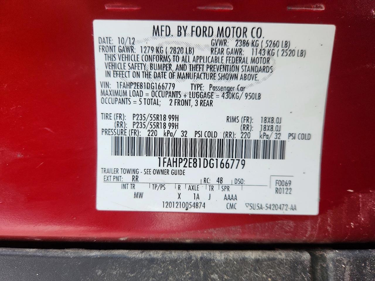 2013 Ford Taurus Sel Red vin: 1FAHP2E81DG166779