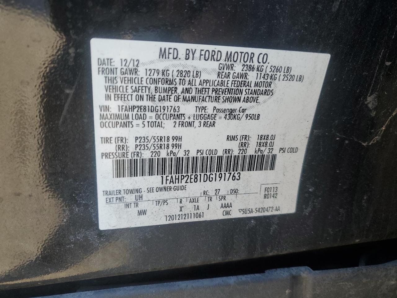 2013 Ford Taurus Sel Черный vin: 1FAHP2E81DG191763