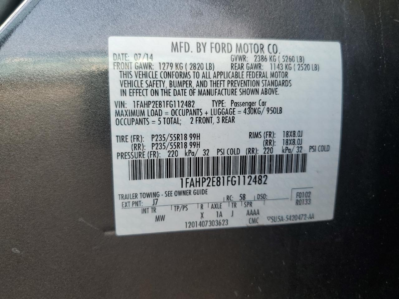 2015 Ford Taurus Sel Gray vin: 1FAHP2E81FG112482