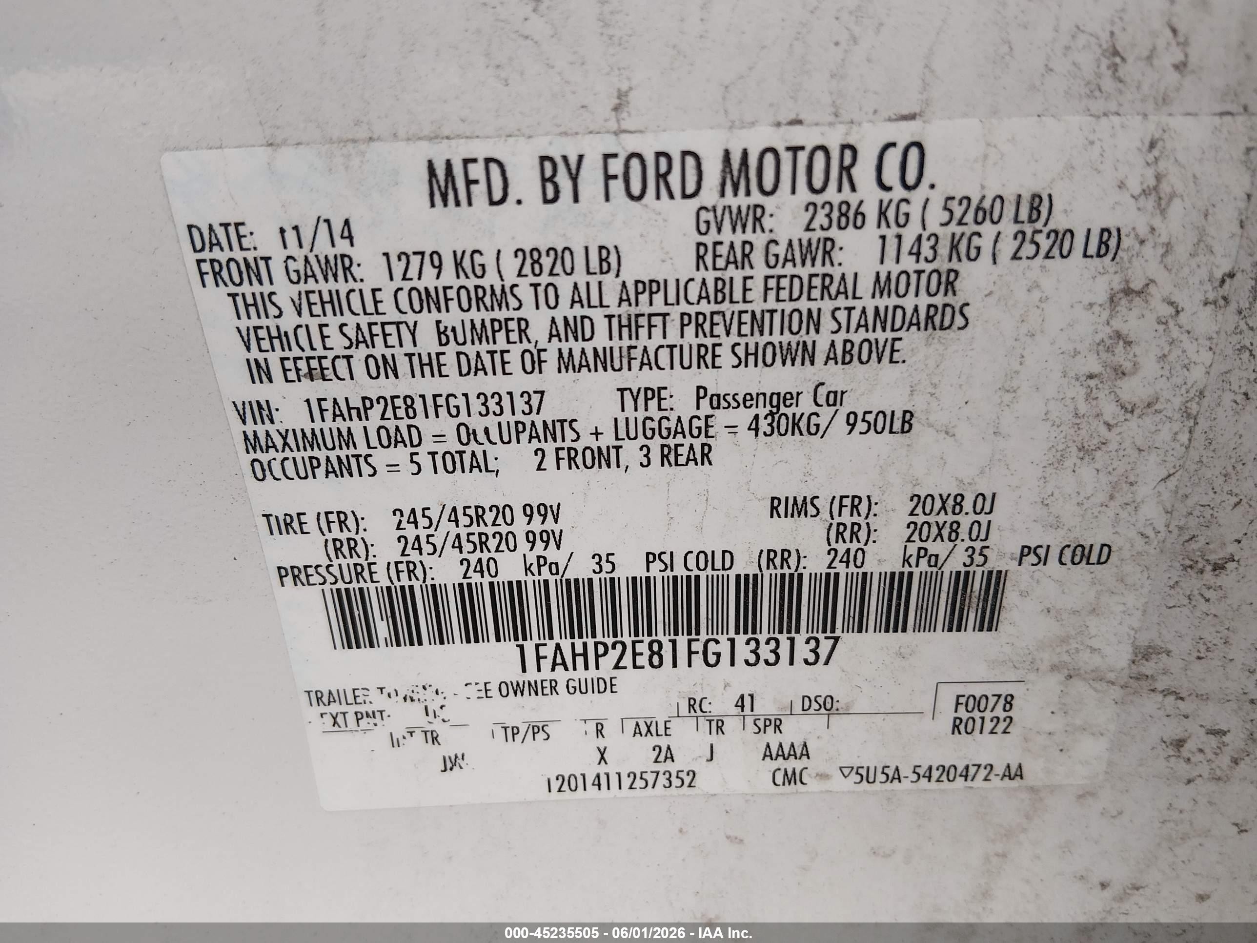 2015 Ford Taurus Sel White vin: 1FAHP2E81FG133137