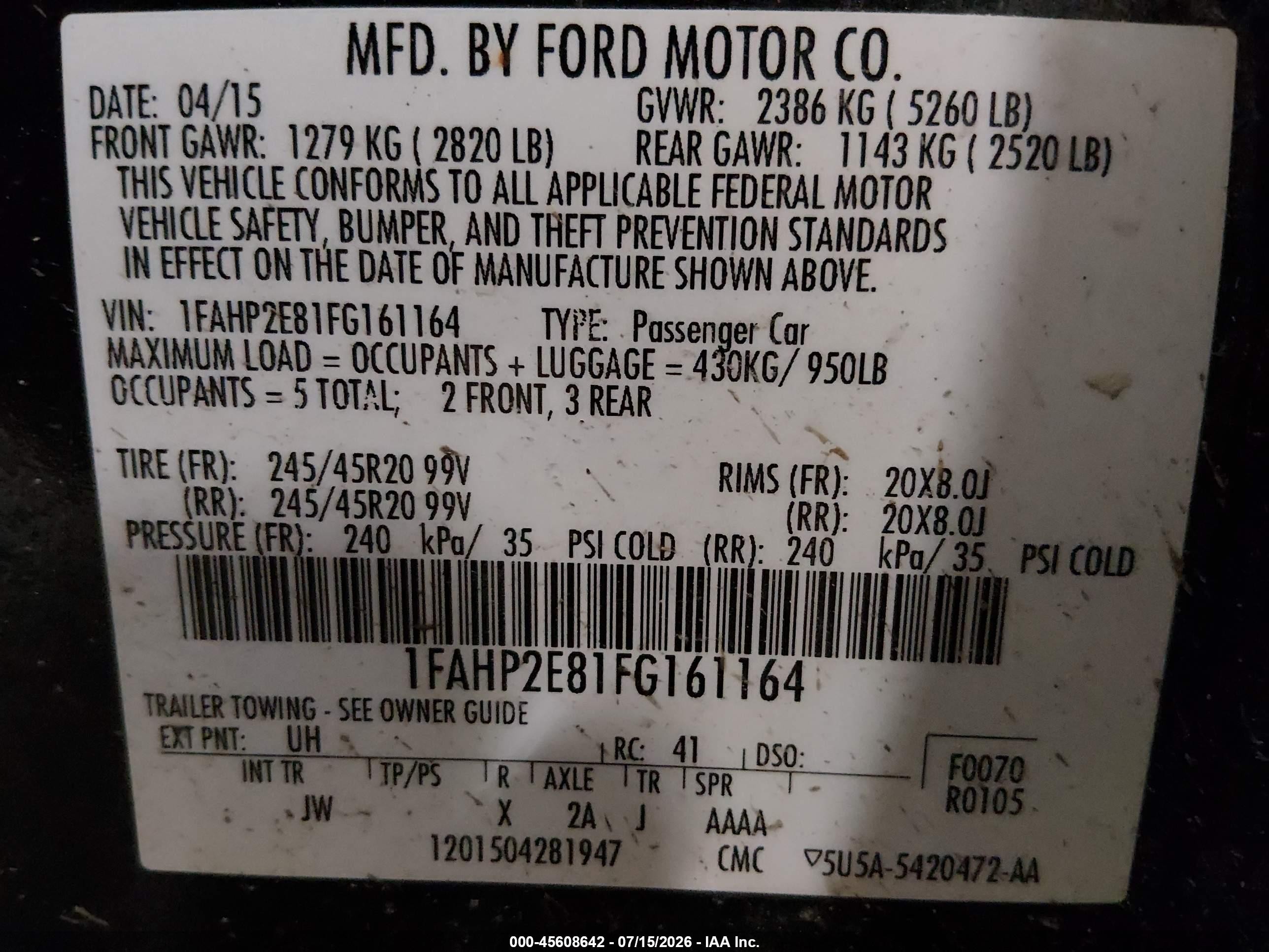 2015 Ford Taurus Sel Black vin: 1FAHP2E81FG161164