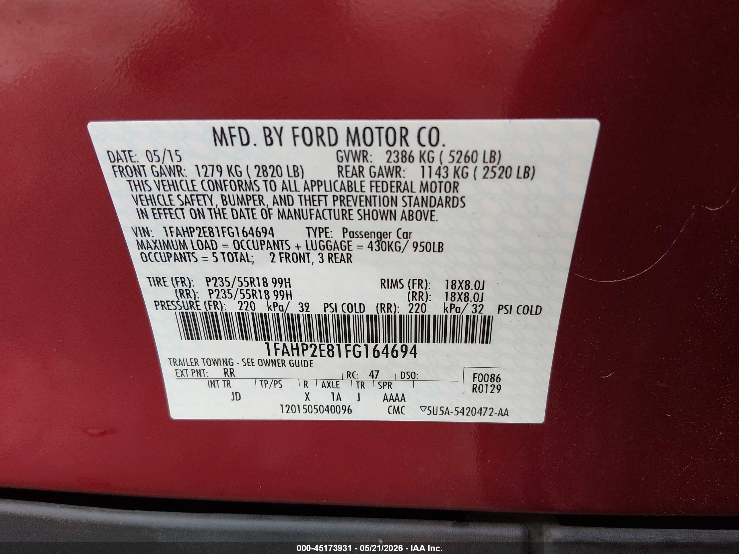 2015 Ford Taurus Sel Red vin: 1FAHP2E81FG164694