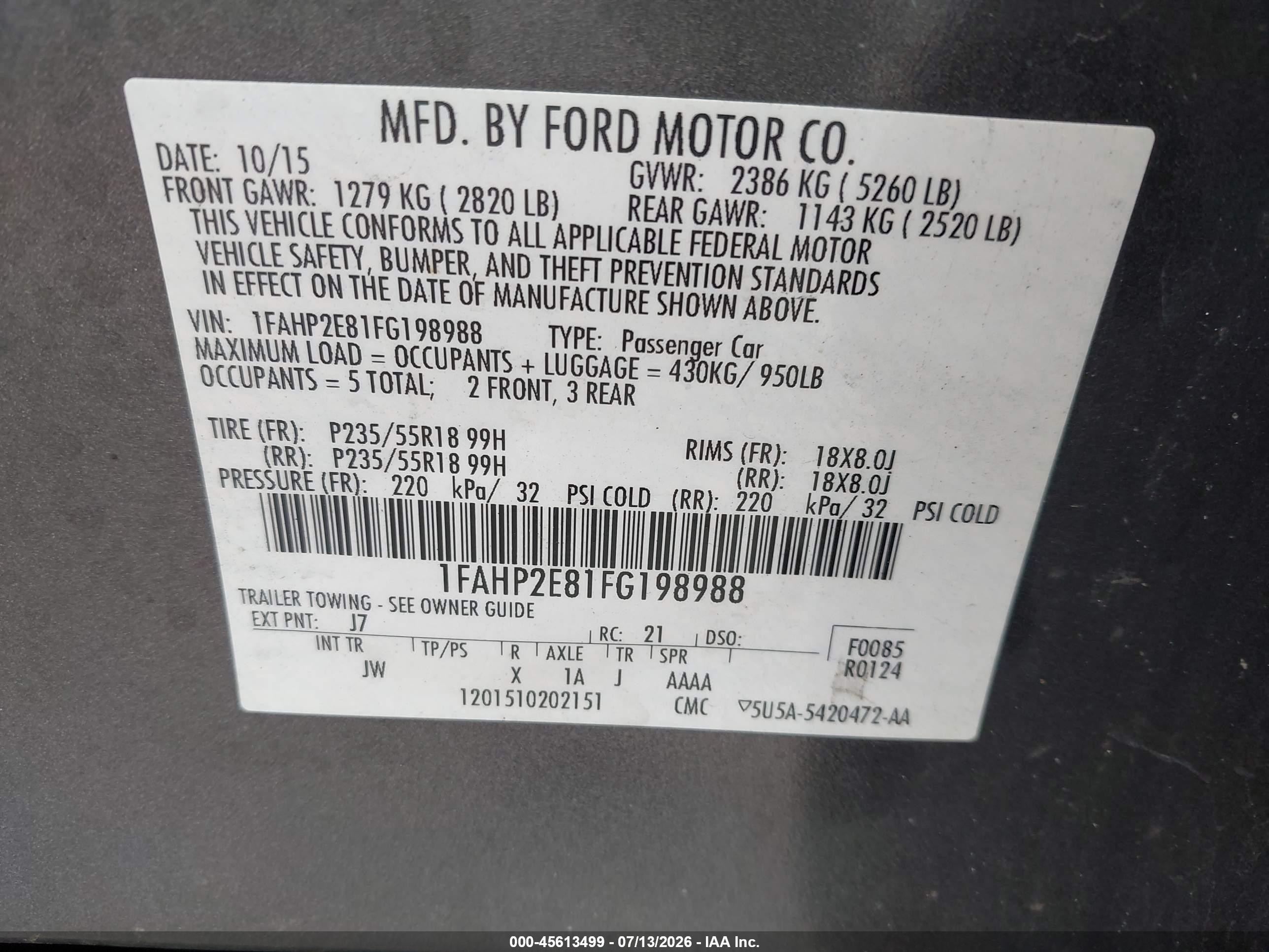 2015 Ford Taurus Sel Серый vin: 1FAHP2E81FG198988