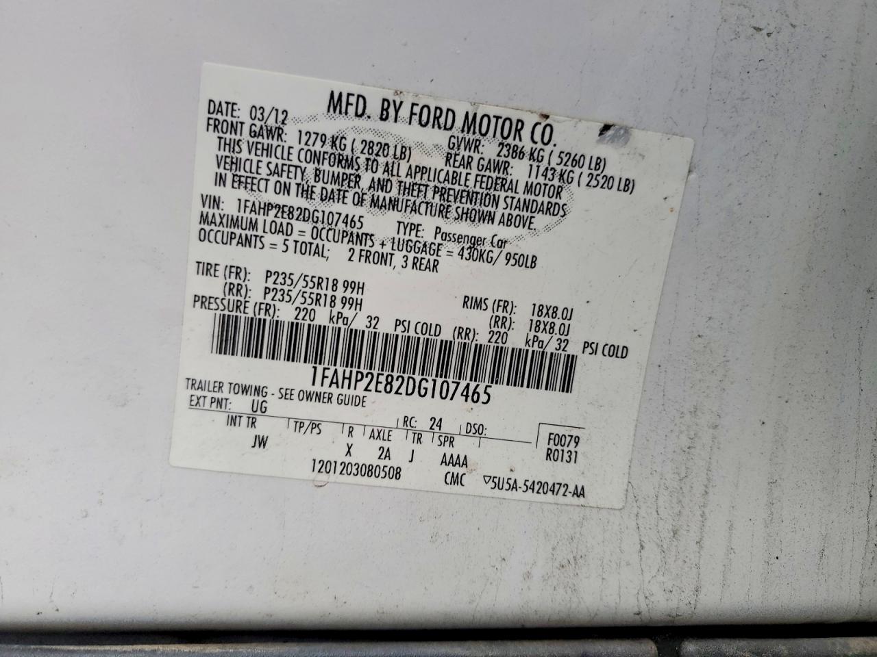 2013 Ford Taurus Sel White vin: 1FAHP2E82DG107465