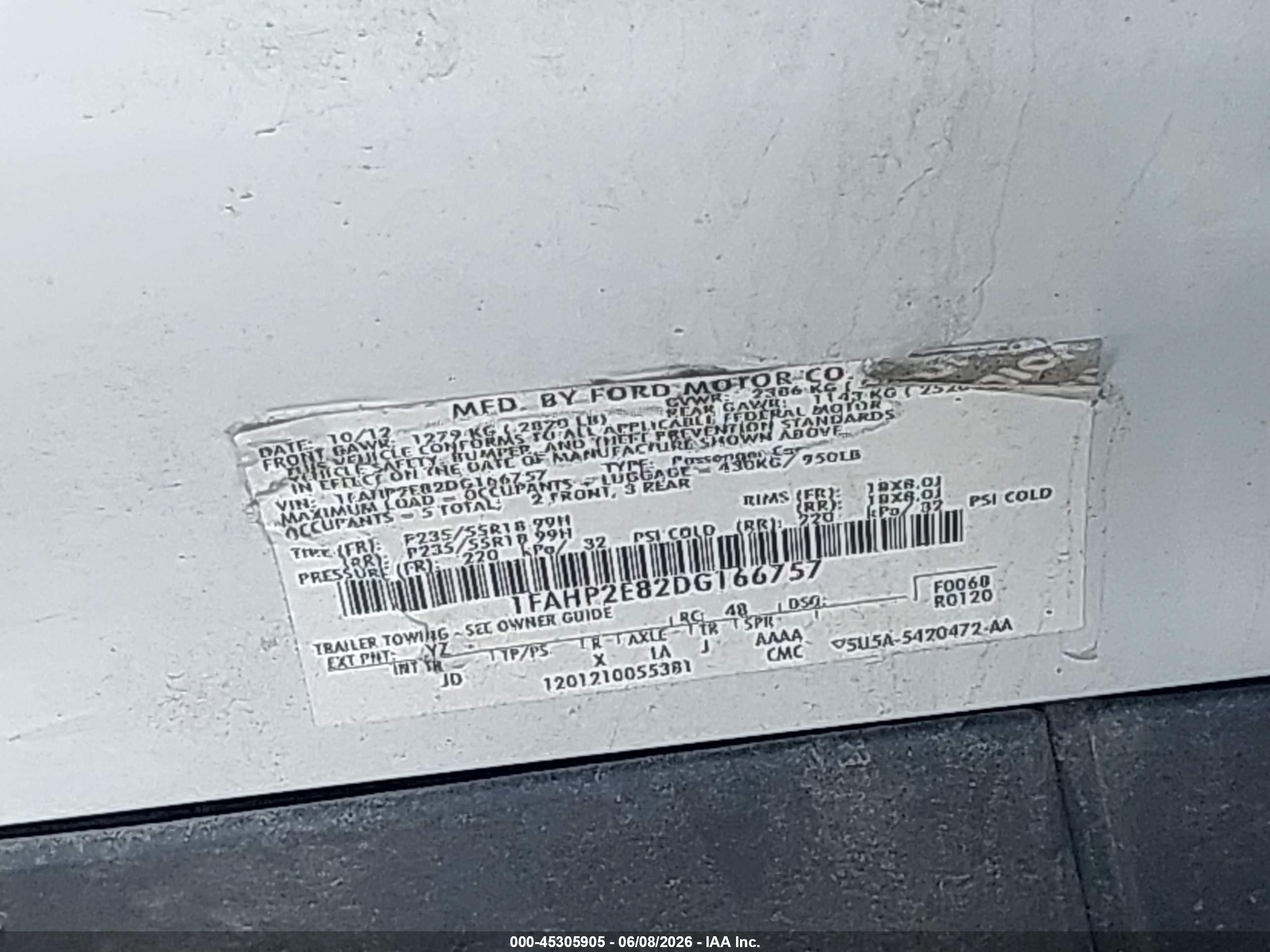 2013 Ford Taurus Sel White vin: 1FAHP2E82DG166757