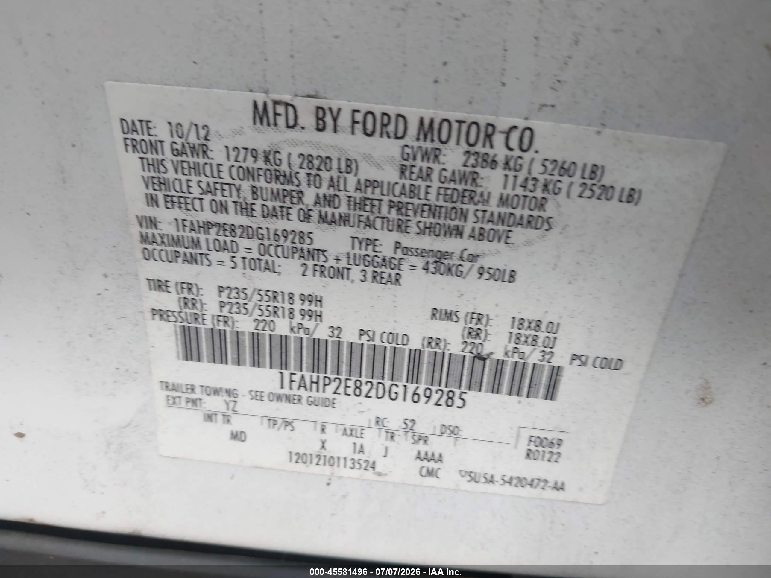 2013 Ford Taurus Sel White vin: 1FAHP2E82DG169285