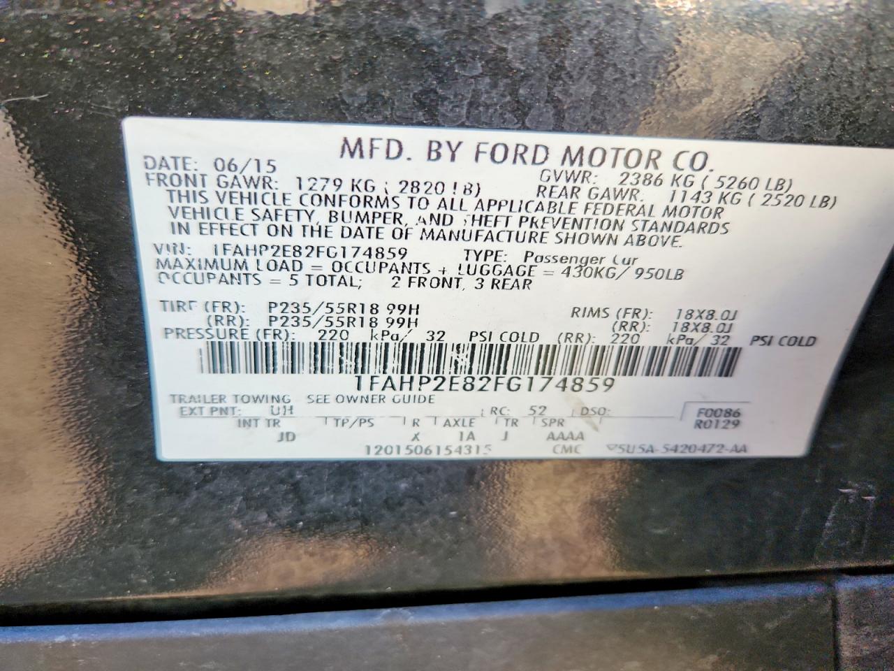 2015 Ford Taurus Sel Black vin: 1FAHP2E82FG174859